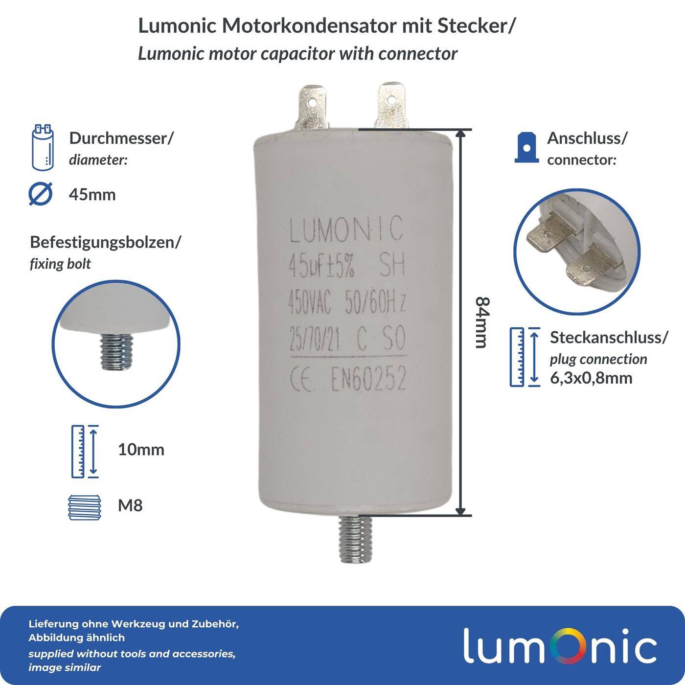 Lumonic Anlaufkondensator 45µF 450V | mit Stecker I 45x84mm I 45uF I Motorkondensator mit Kunststoffgehäuse I Betriebskondensator I für Pumpen, Rasenmäher, Werkzeuge