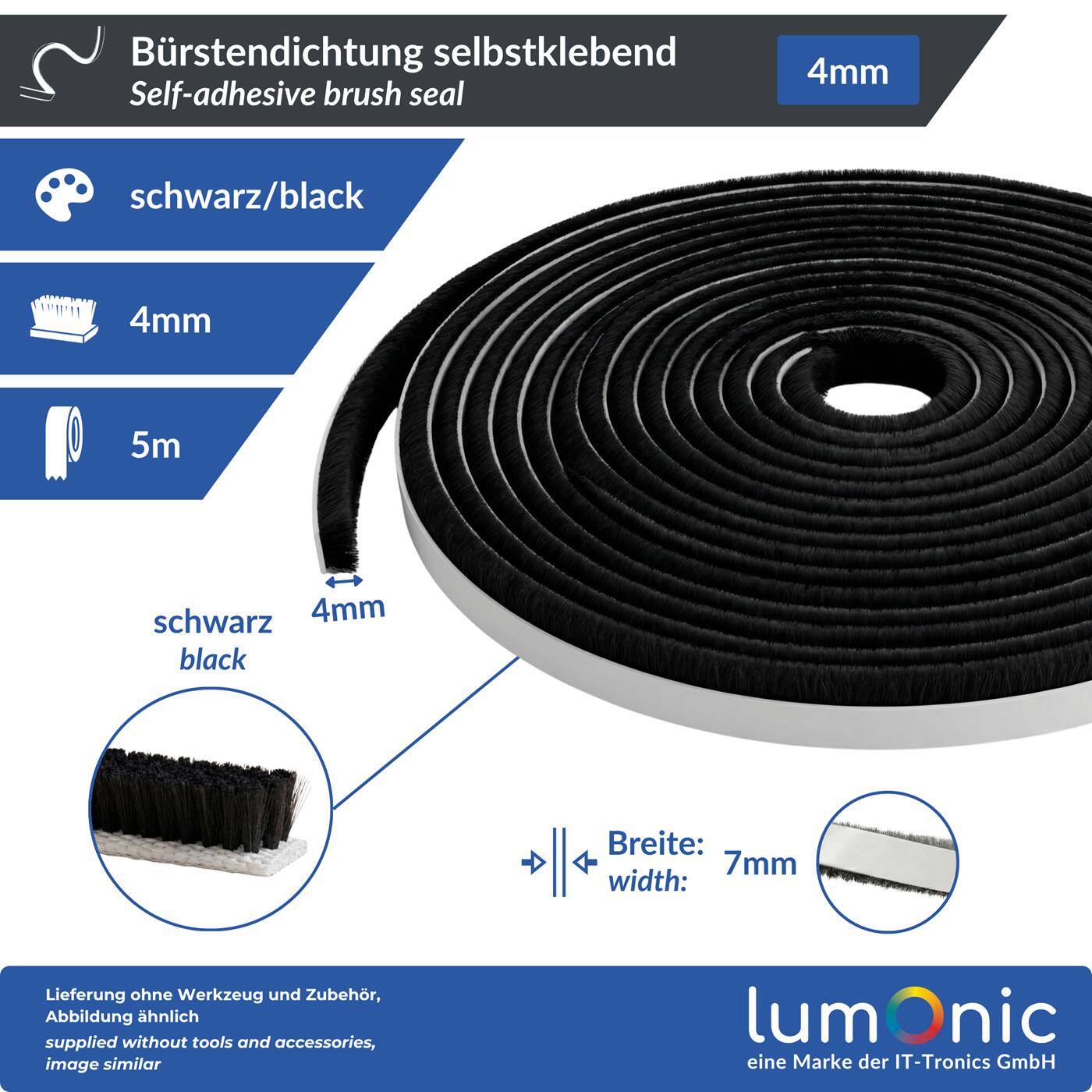Lumonic 5m Brush seal black 4mm | Self-adhesive + Can be cut to size | Draught excluder, cold protection, insect screen for windows, doors, cupboards