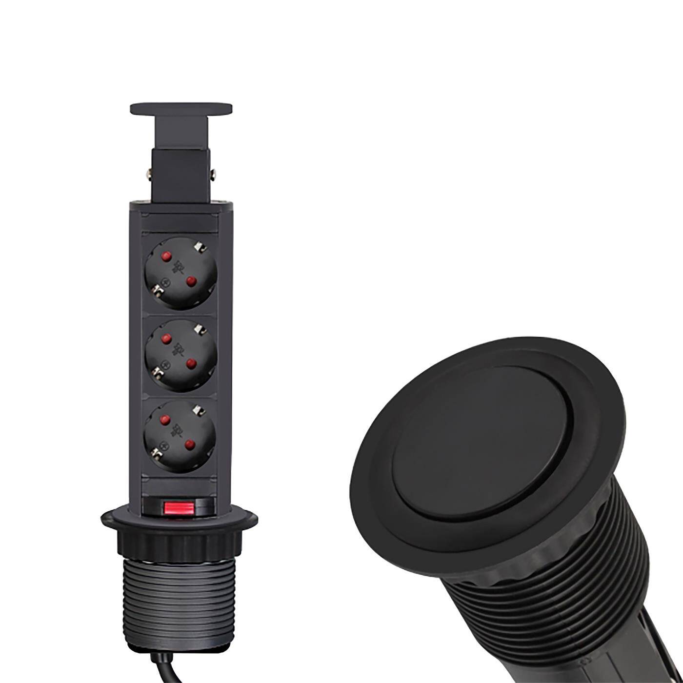 Lumonic LiftBox 3x Schuko Steckdose Tischsteckdose Schwarz I 3 Steckdosen mit 230V im Tower max. 3600W I Mit Bohrloch-Größe 107mm Ideal für den Einbau