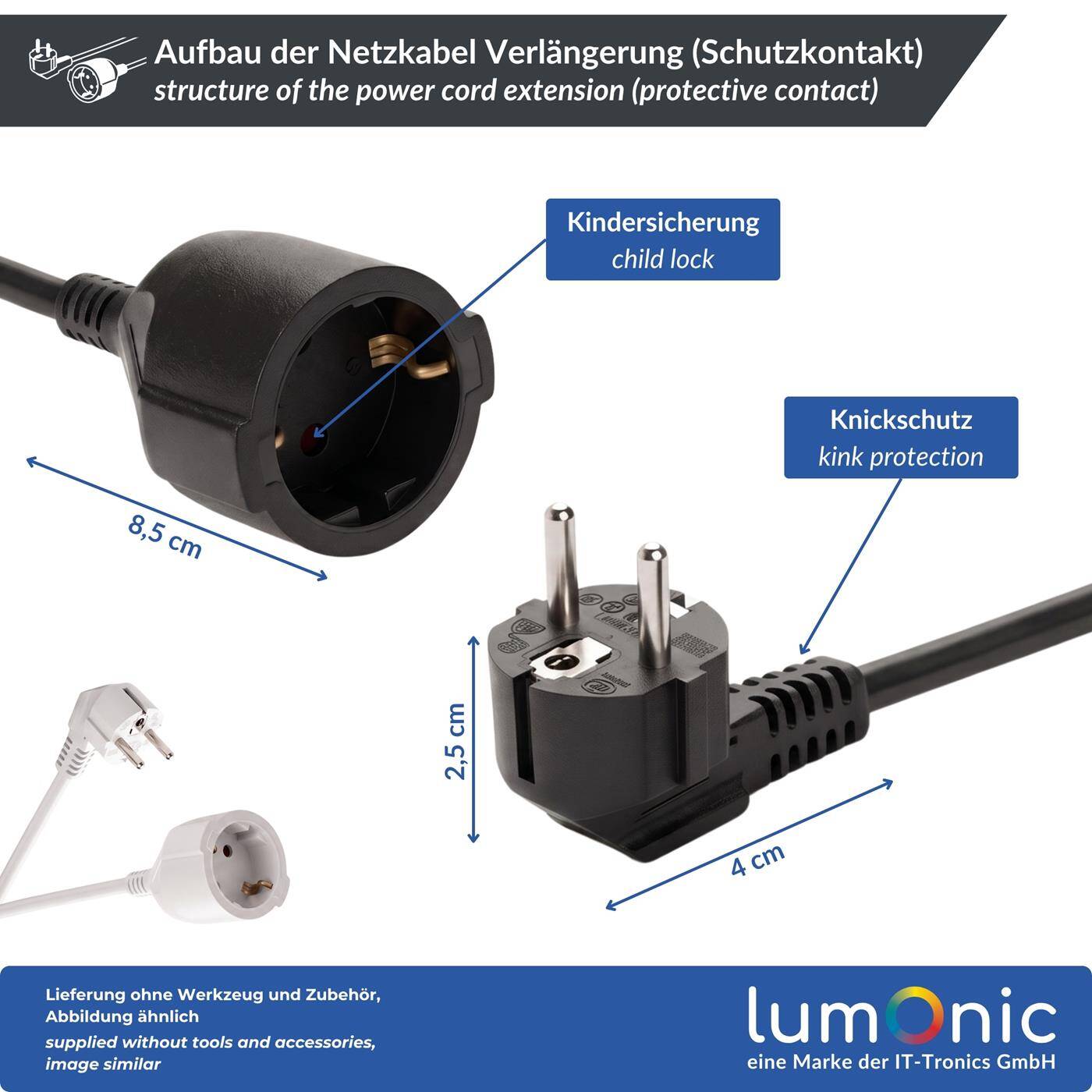 Lumonic Schuko Extension Cord, Black, 10 m, 230 V - Child-safety feature in the outlet, for washing machines and dishwashers, kink protection on the plug
