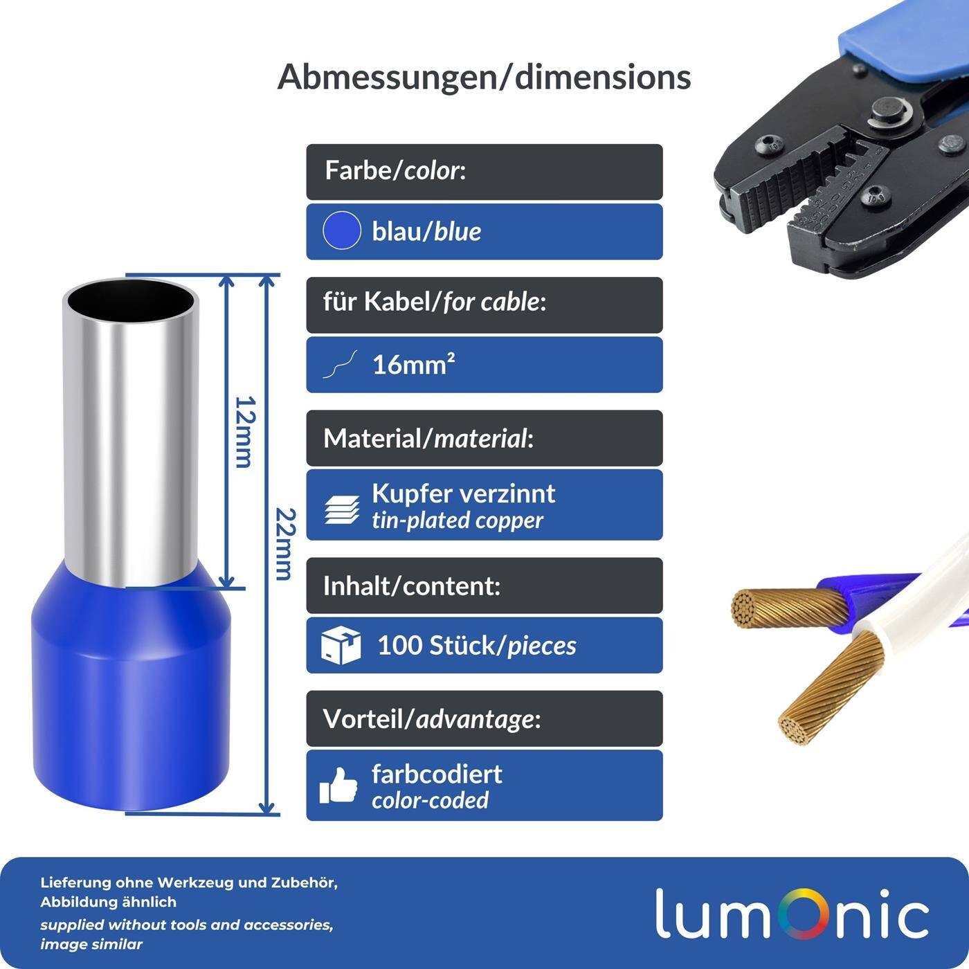 Lumonic 100 x 16mm² Aderendhülsen isoliert blau I Die Länge beträgt 12mm, der Durchmesser des Kunstoffkragen 8,8mm I Verzinnt zum Schutz gegen Korrosion