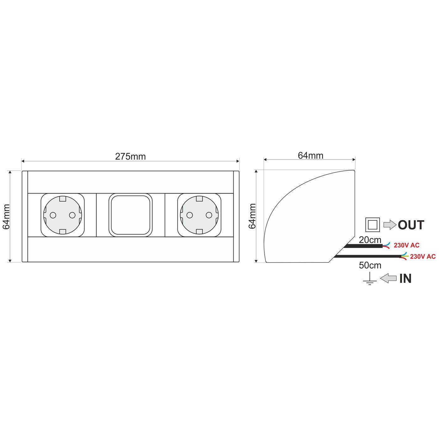 Lumonic ConerBox 2x Schuko Steckdose + 1x Schalter Tischsteckdose silber I 2 Steckdosen mit 230V max. 3600W I Größe 275 x 64 x 64mm Ideal zur Eckmontage