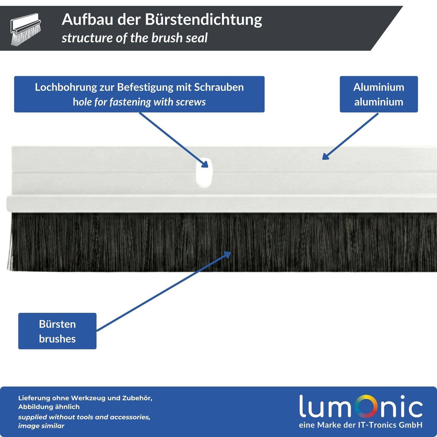 Lumonic 1m Brush seal 20mm | White aluminum profile | Saves heating costs | Screwable + Can be cut to size | Door bottom seal as draught excluder, cold protection, insect protection for doors