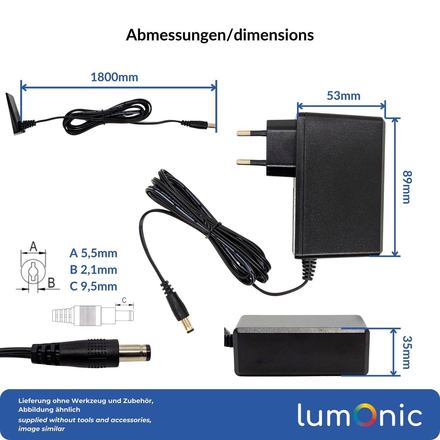 Lumonic I LED plug-in power supply PIP-36-12 I 12V 36W I Input 100-240VAC I Extra long cable with hollow plug 5,5/2,1 I Overload protection I universeller EU-Netzadapter I for LED strips