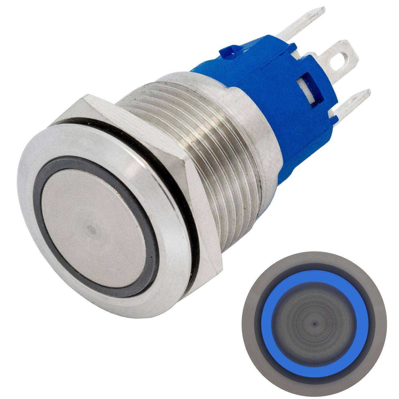 Lumonic Edelstahl Druckschalter flach 19mm Durchmesser I Mit einer Ring LED in Blau Maße: 2,8x0,5mm Pin s 250V 3A I Vandalismussicher nach dem IP65 Standard