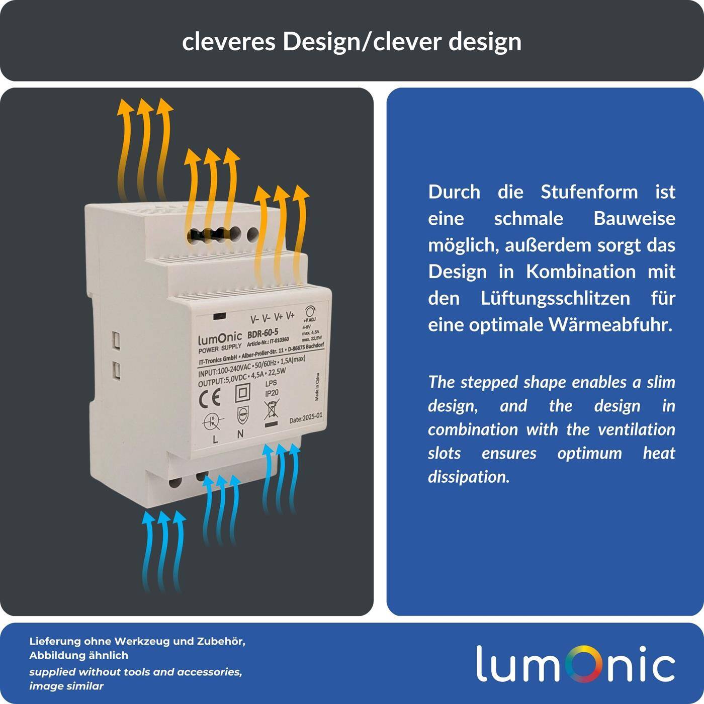 Lumonic I Netzteil Hutschiene BDR-60-5 I 5V / 22,5W I Input 100-240VAC I Überlastschutz & kurzschlussfest I DIN-Rail Schaltnetzteil I Schaltschrank & Verteilerkasten