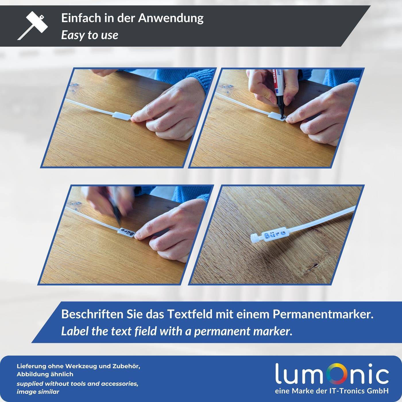 Lumonic 100 Stück Kabelbinder mit Beschriftungsfeld, quer | 110 × 2,5mm | bis 8kg Zugfestigkeit | Nylon PA6.6 | Kabelmarkierung in Industriequalität | Kabelmanagement, Werkstatt, Haushalt