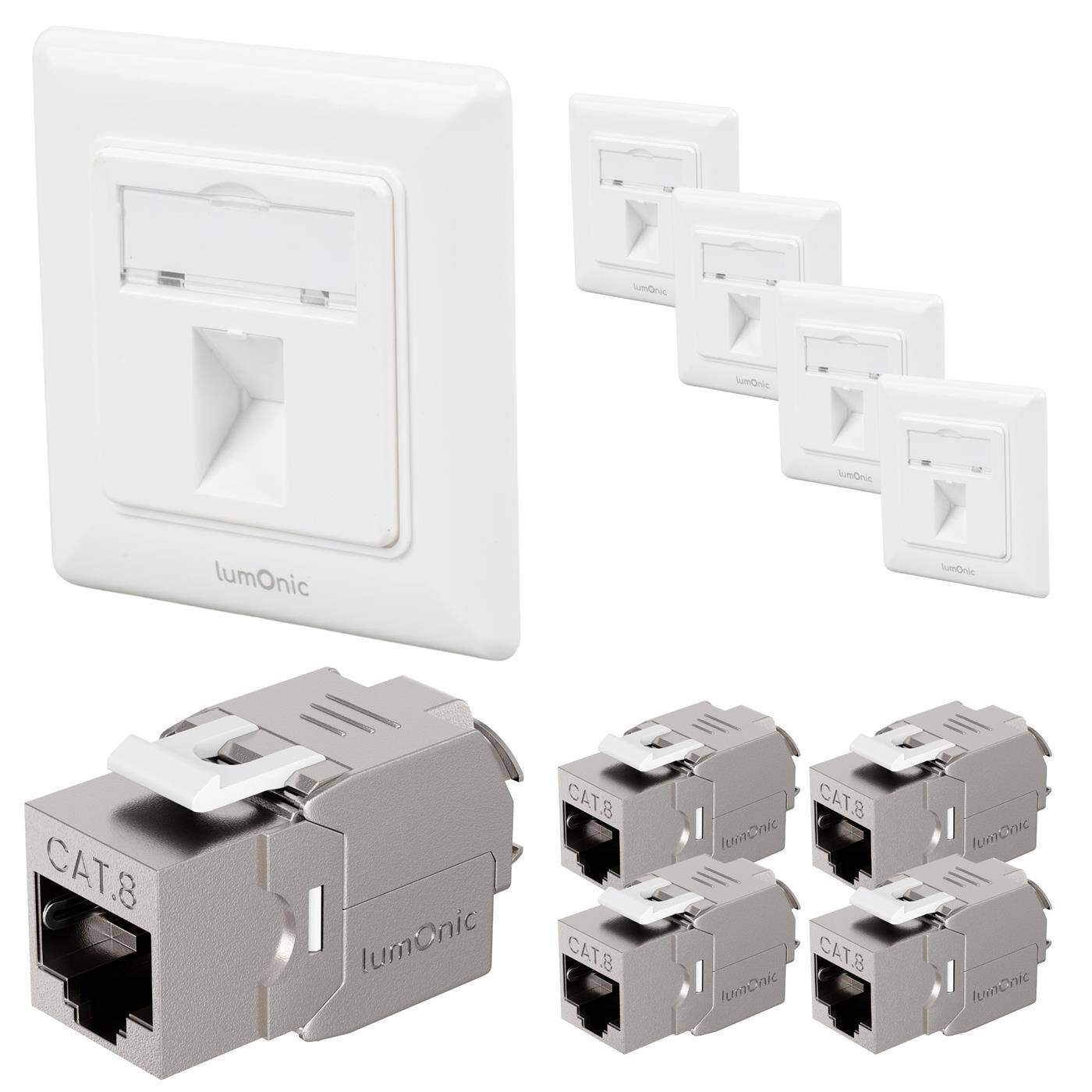 Set of 5 Keystone flush-mounted frame CAT8 module included, 1-port snap-in I tool-free assembly, Standard 55 system, Ethernet socket up to 40 Gbit for AWG22-24, RJ45 fully shielded,