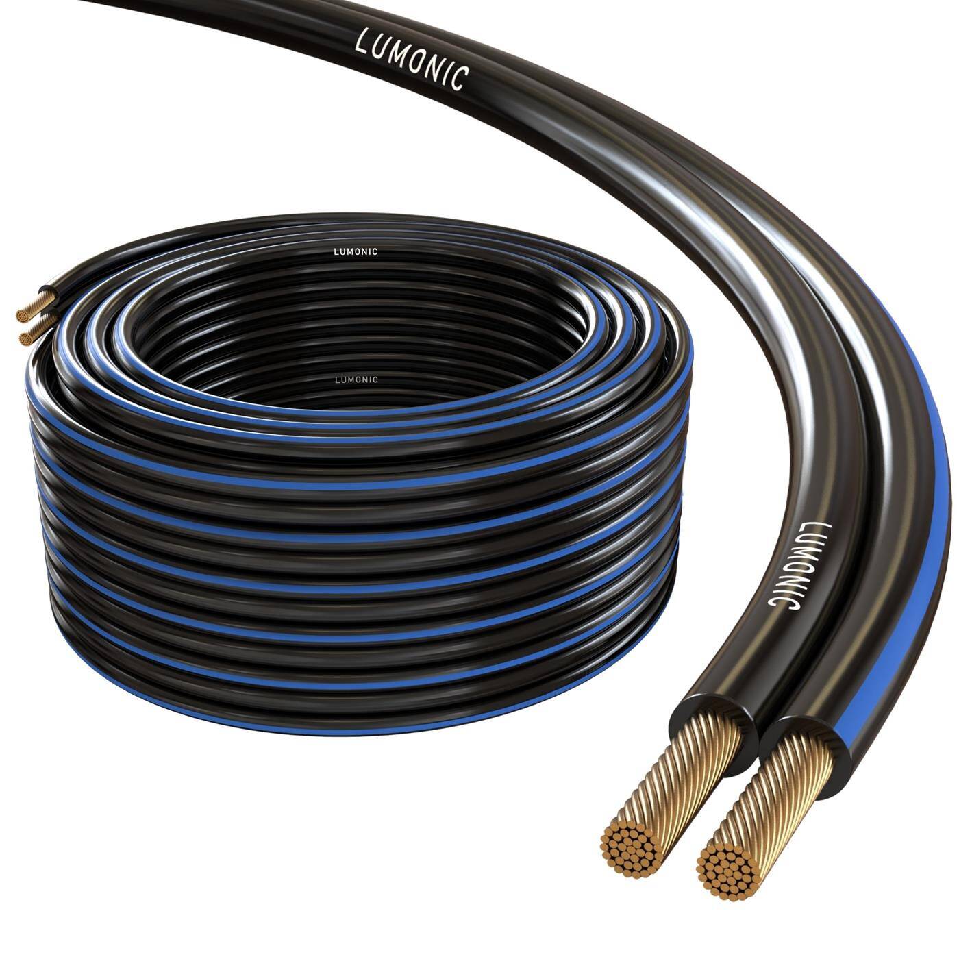 Lumonic Lautsprecherkabel | 10m Schwarz | 2x 4mm² CCA | blaue Markierung HiFi Boxenkabel | Audio Zwillingsleitung