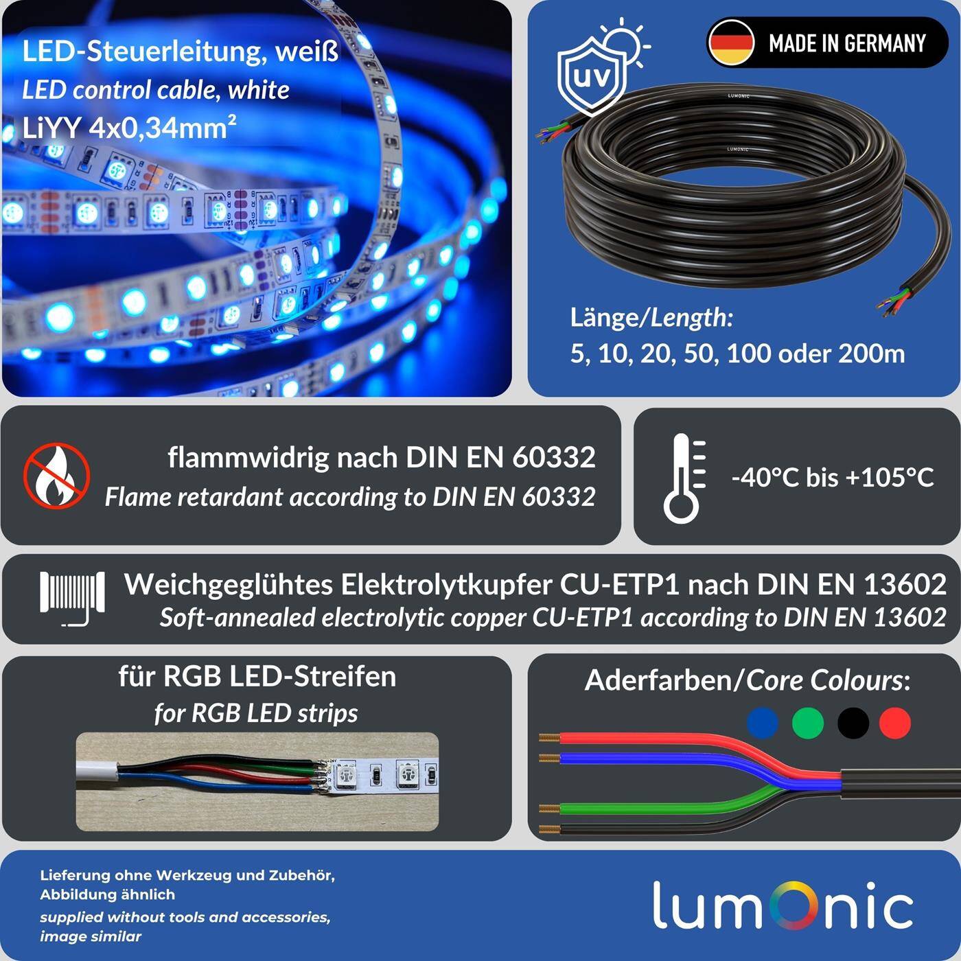 1m RGB LED Steuerleitung 4x 0,34mm² LiYY Verlängerung 4 adrig Stromkabel Schwarz UV beständig