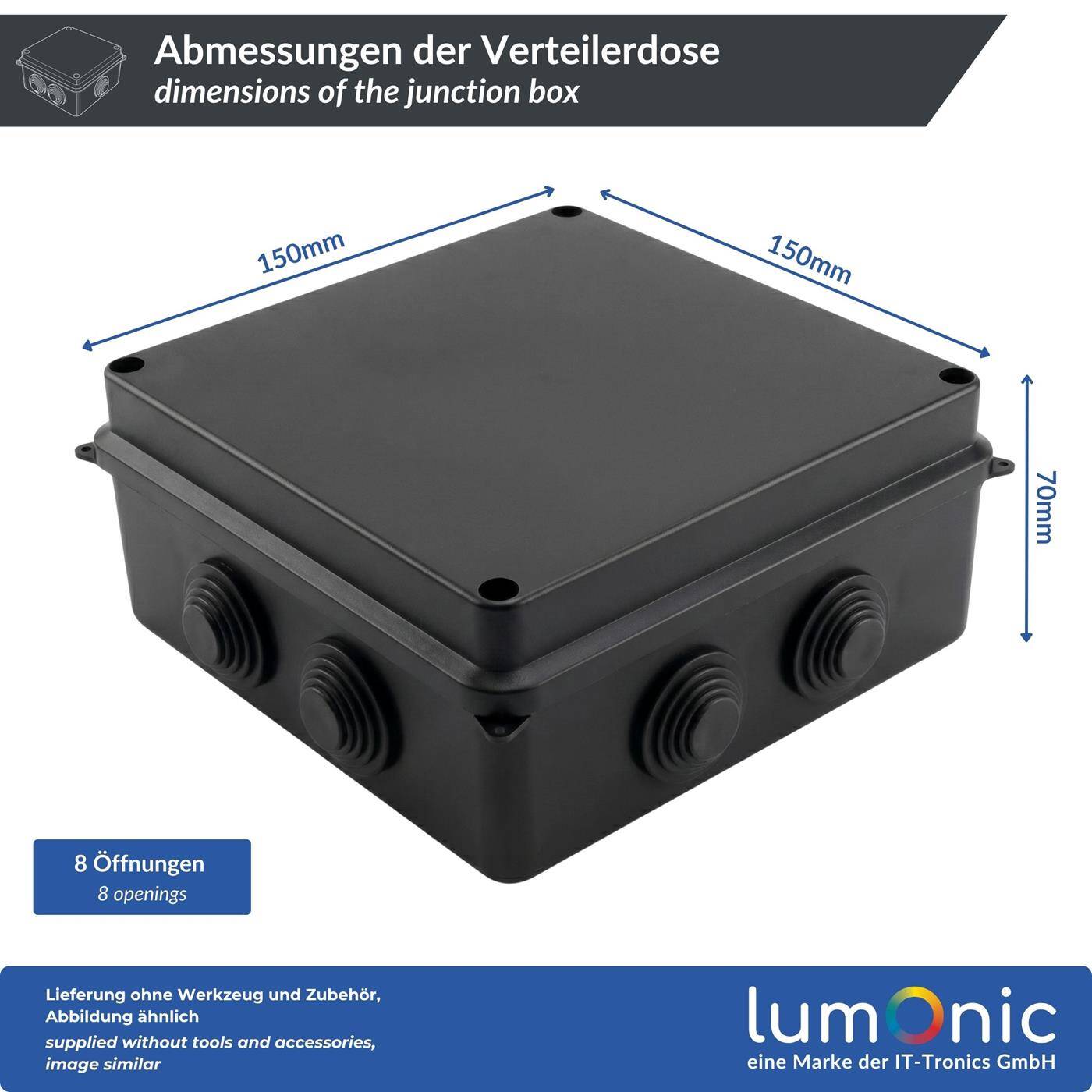Lumonic Surface-mounted junction box IP65 black | 150x150x70mm, 8 cable entries | Screwed lid | High-quality PVC | Interior, cellar, garage, garden area