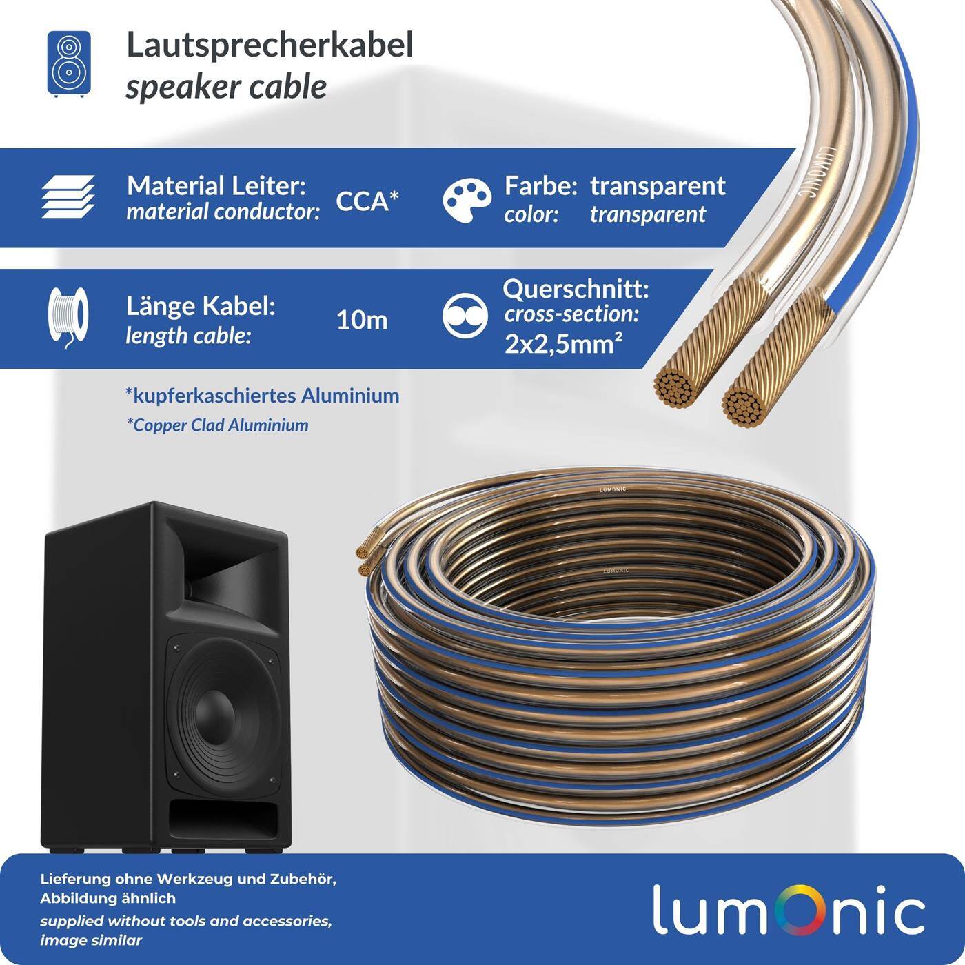 Lumonic Speaker cables | 10m Transparent | 2x 2,5mm² CCA | Blue marking HiFi speaker cable | Audio twin line