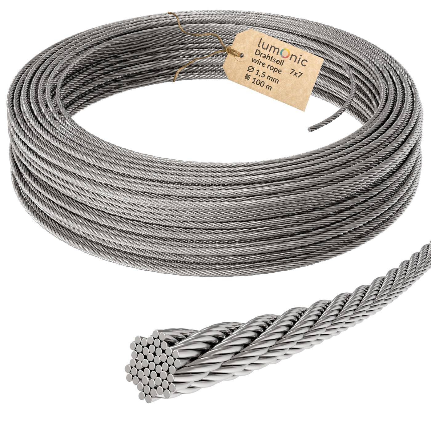 Lumonic Wire rope 7x7 | 100m Ø1,5mm | V4A Stainless steel | Steel cable with tinned ends | for climbing support, clothesline, lamps, privacy screen, awning