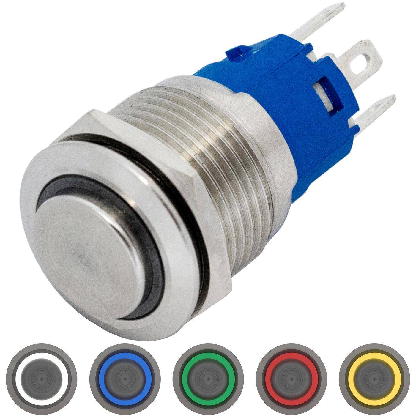 Lumonic Edelstahl Druckschalter erhaben 19mm Durchmesser I Mit einer Ring LED in Kalt-Weiß Maße: 2,8x0,5mm Pin s 250V 3A I Vandalismussicher nach dem IP65 Standard