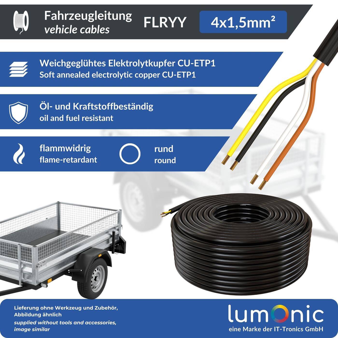 Lumonic 1m FLRYY Vehicle cable 4x1,5mm² black | 4-core | Trailer cable | Multi-core automotive cable | Oil and fuel-resistant, flame-retardant | Low voltage