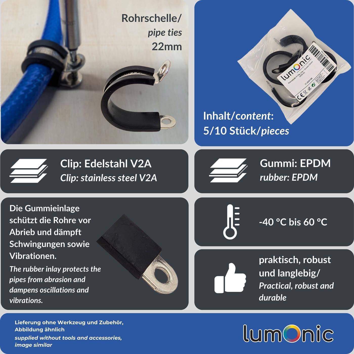 Lumonic 5x 22mm Rohrschellen mit Gummieinlage Edelstahl V2A I Kabelschellen zum Schrauben I Schlauchschelle 22mm, Rohrschellen, Befestigungsschelle 22mm, Rohrhalterung