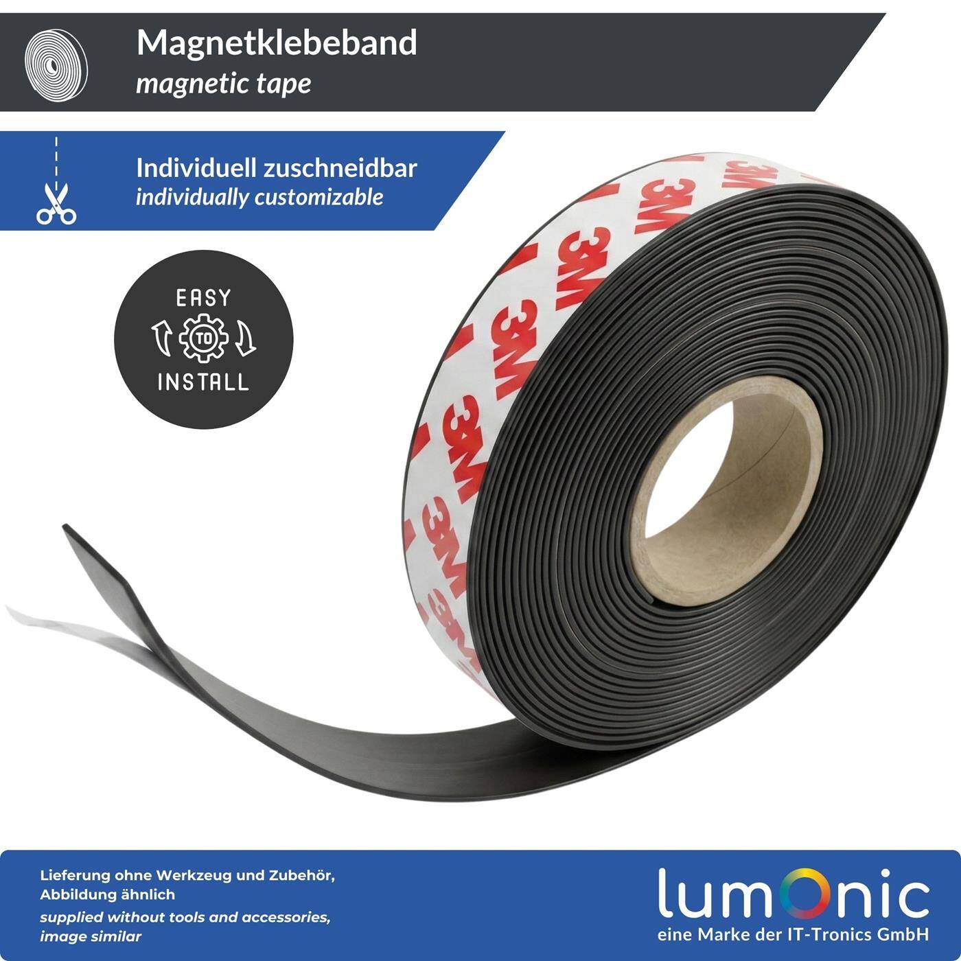Lumonic 5m Magnetic tape | 20x1mm | Flexible, self-adhesive, can be cut to size, without drilling | Fly screen, school and blackboard