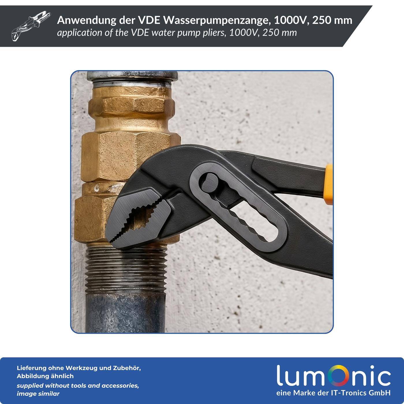 Lumonic VDE Water Pump Pliers 1000V, 250 mm - Box joint with locking nut, jaw opening up to 36 mm, 60CrV steel, for electrical and plumbing work