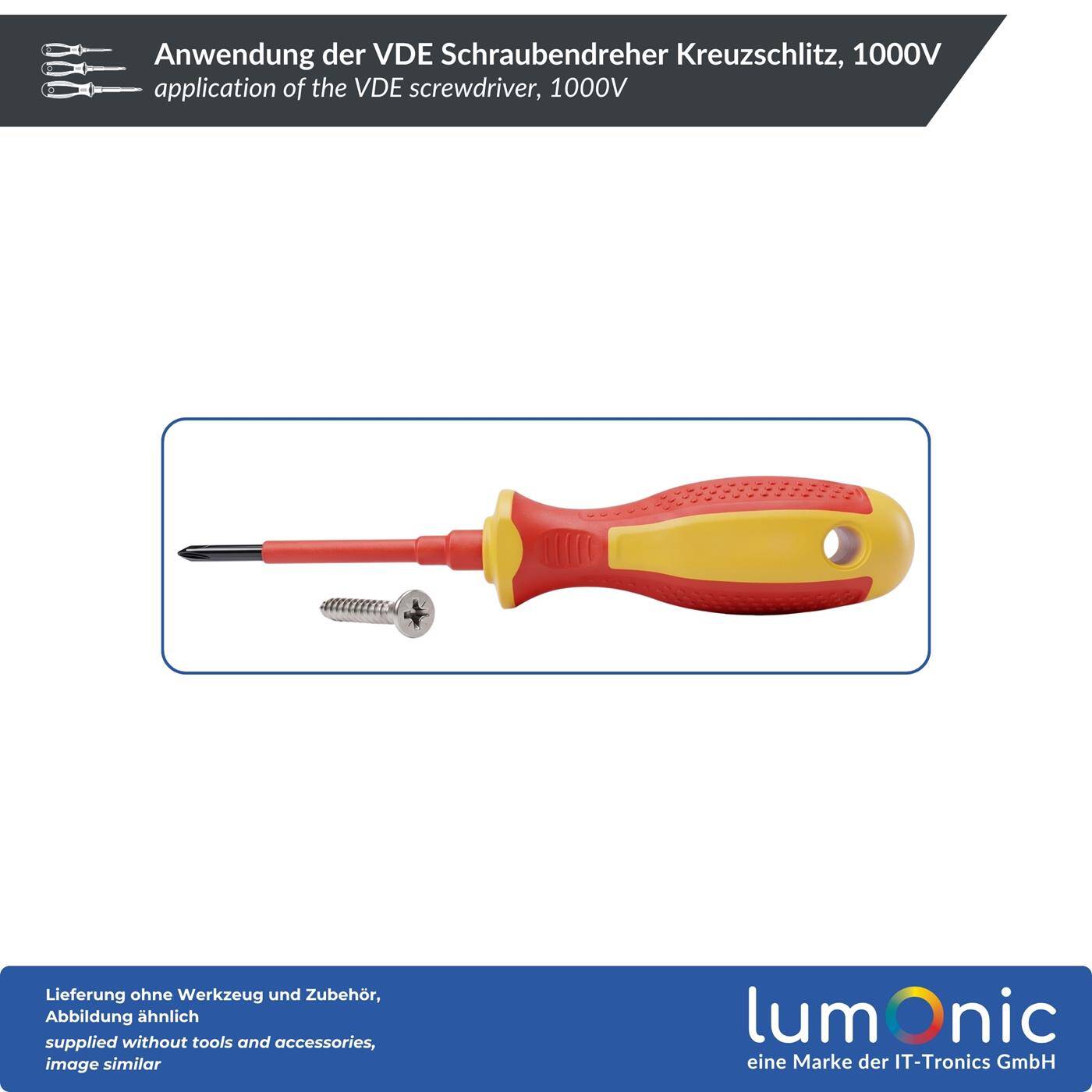 Lumonic VDE Phillips Screwdriver PH1 x 80 mm, 1000 V – S2 steel, burnished, magnetic tip, two-component handle, for electrical installations and control cabinets