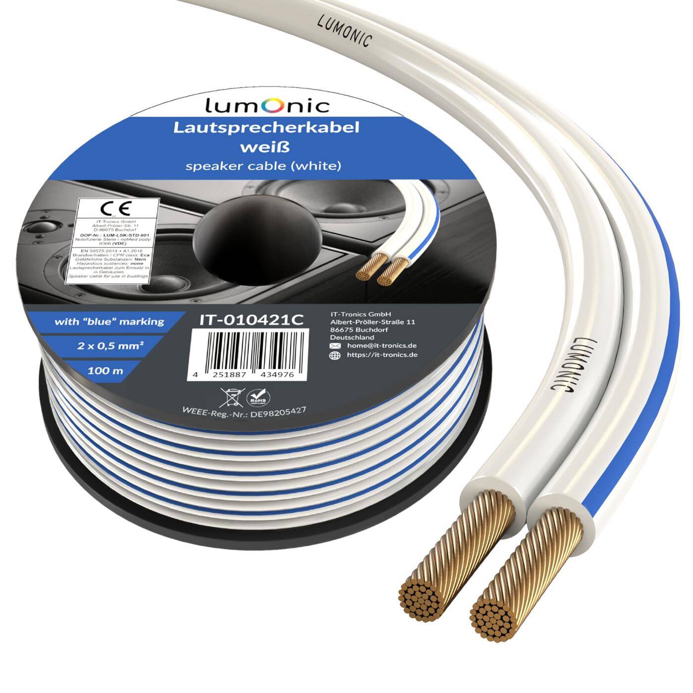Lumonic Speaker cables | 100m White | 2x 0,5mm² CCA | Blue marking HiFi speaker cable | Audio twin line