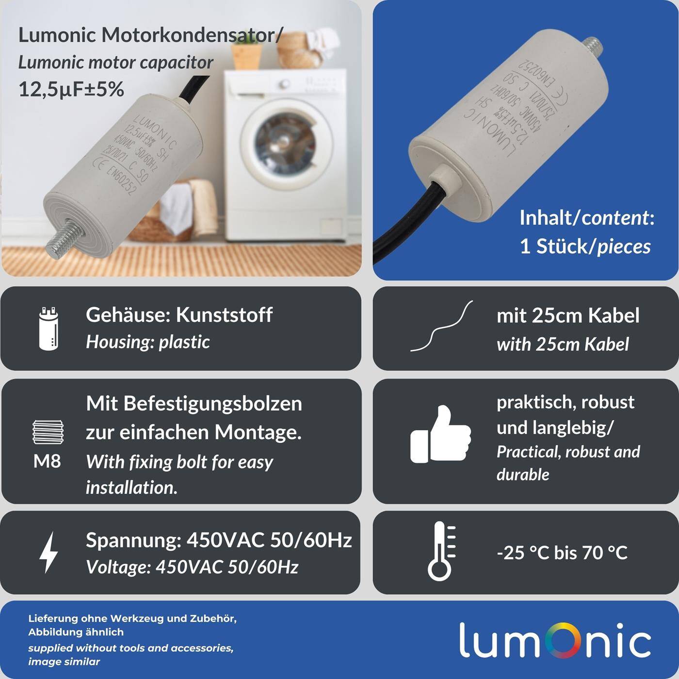 Lumonic Anlaufkondensator 12,5µF 450V | mit Kabel I 34x65mm I 12,5uF I Motorkondensator mit Kunststoffgehäuse I Betriebskondensator I für Pumpen, Rasenmäher, Werkzeuge