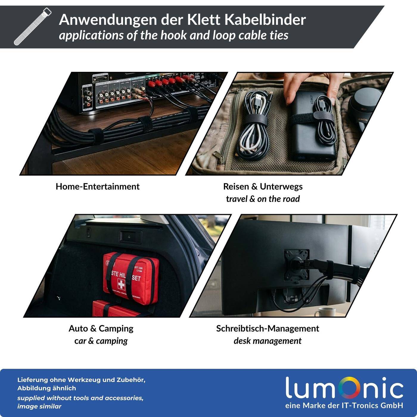 Lumonic 10 Stück Klettkabelbinder schwarz / blau | 200x20mm | normal | robuste Metallöse, Kabelklett mehrfach wiederverwendbar | einfaches Kabelmanagement und Ordnung