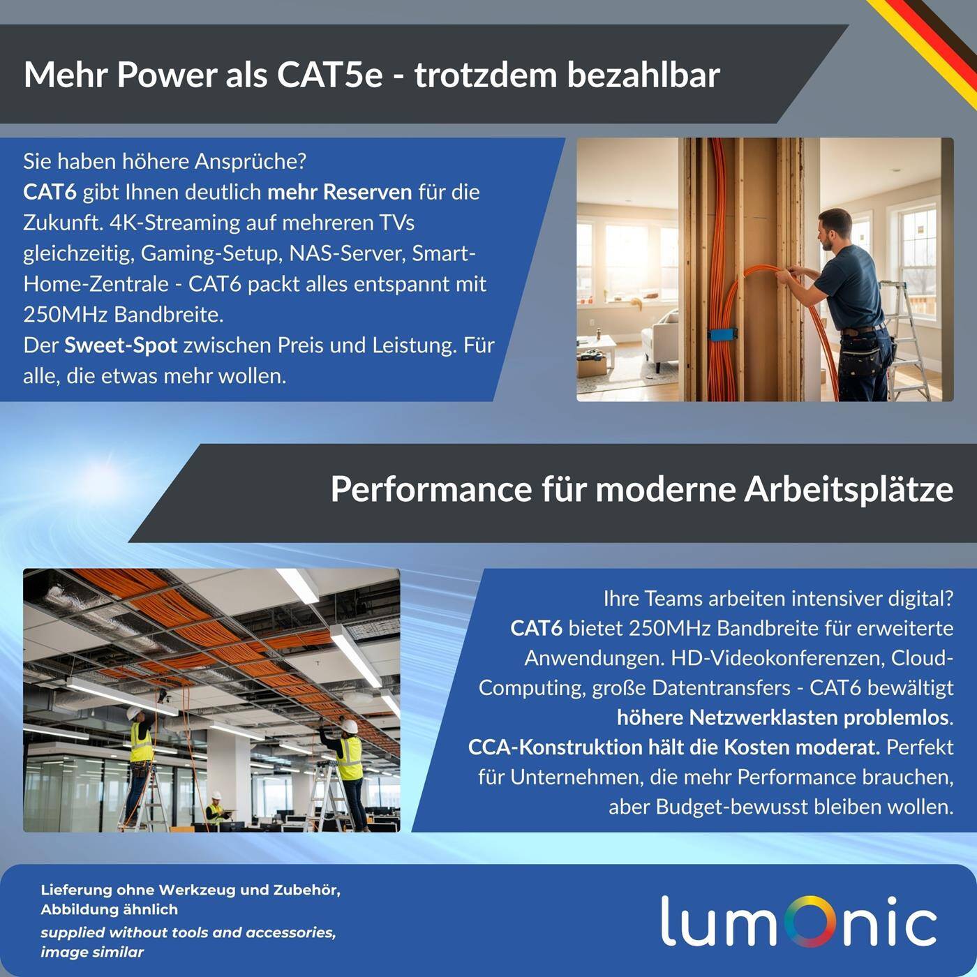 Lumonic LAN Network cable 50m | LAN Cable CAT6 F/UTP | Installation Cable 4x 2x AWG26/1 (solid) | 250MHz 10 Gbit/s Ethernet
