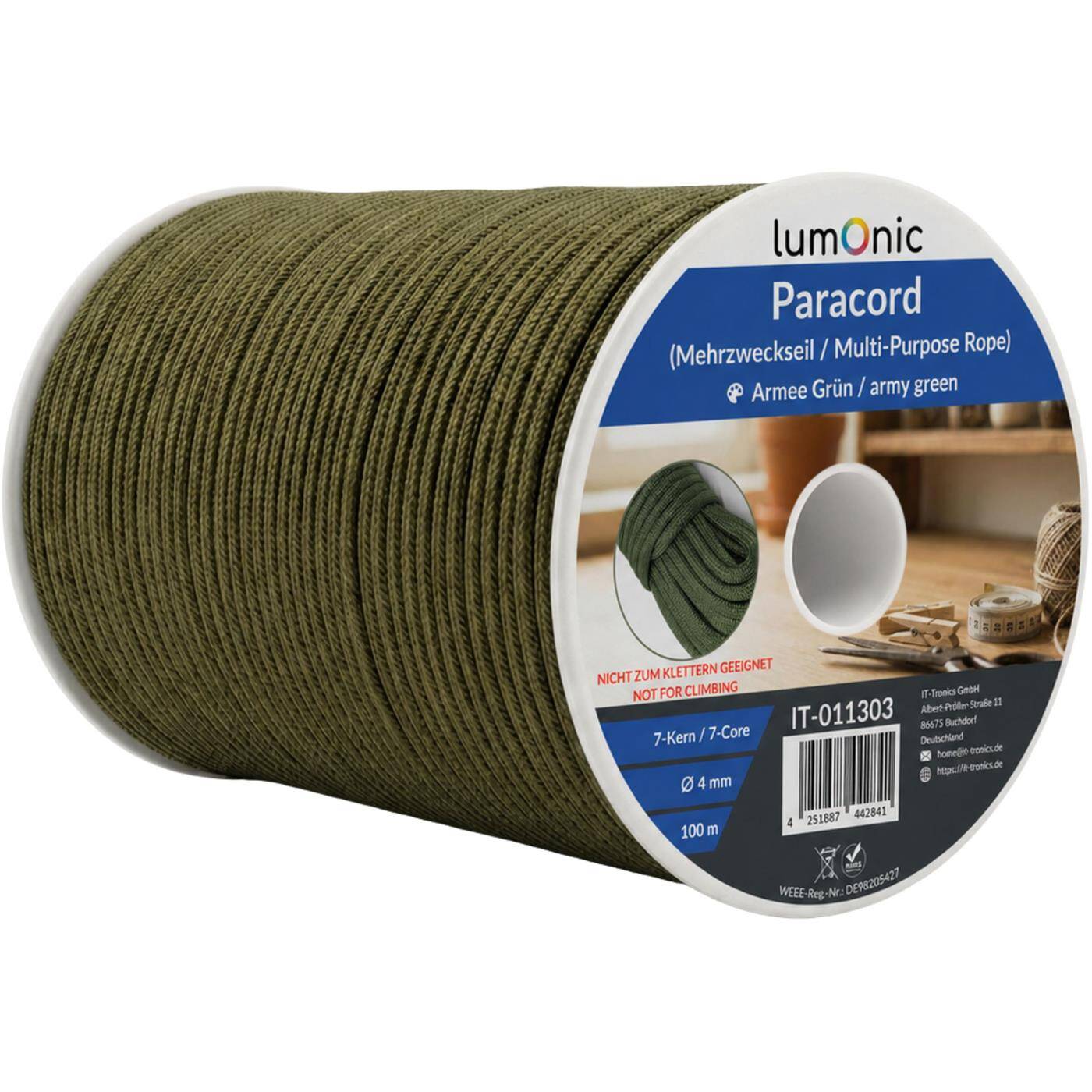 Lumonic 100m Paracord 4mm Armee Grün | 100% Nylon | 7 Kerne, 32 Litzen-Mantel | max. 125kg Tragkraft | Hundeleine, Armband, Outdoor, Bushcraft, Zeltschnur, Makramee