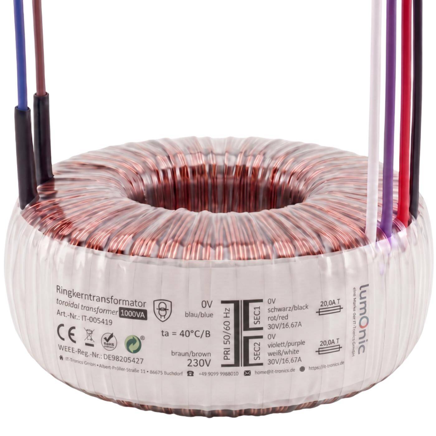 Lumonic Ringkerntrafo Transformator 1000VA 2x30V für Audio, Industrie, Halogen und Schienensysteme - 230V Eingangsspannung - 60V Sekundärspannung - Modell RTO-826072