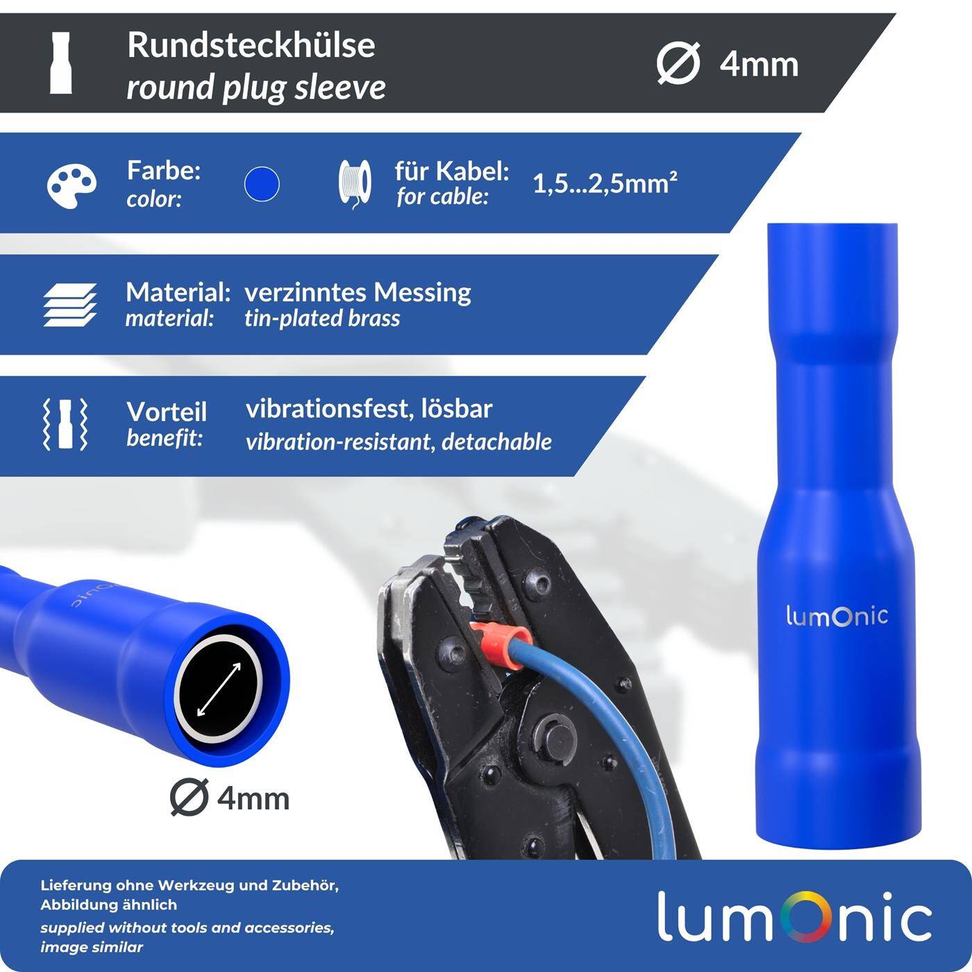 25x Rundsteckhülse teilisoliert 1,5-2,5mm² Stiftdurchmesser 4mm Blau für Rundstecker Messing verzinnt