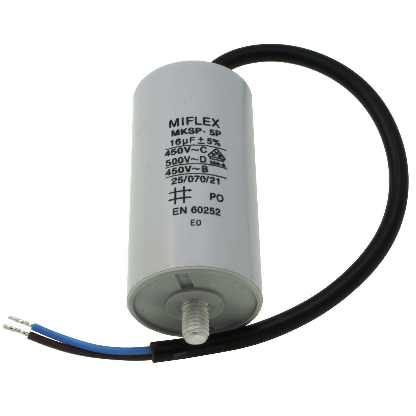 Anlaufkondensator Motorkondensator 16µF 450V 40x78mm Kabel 25cm Miflex 16uF