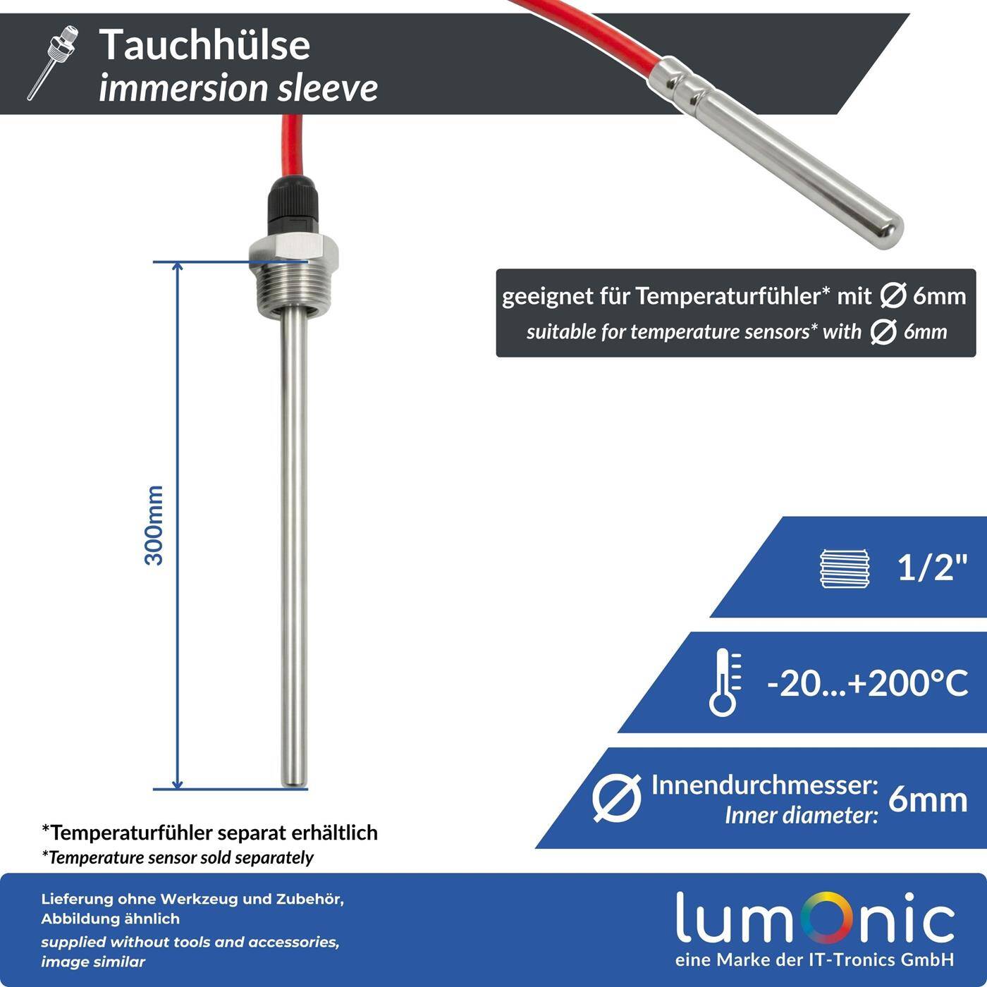 Immersion sleeve V2A stainless steel 1/2 inch 300mm for 6mm temperature sensor for solar heating buffer tank + Smart Home