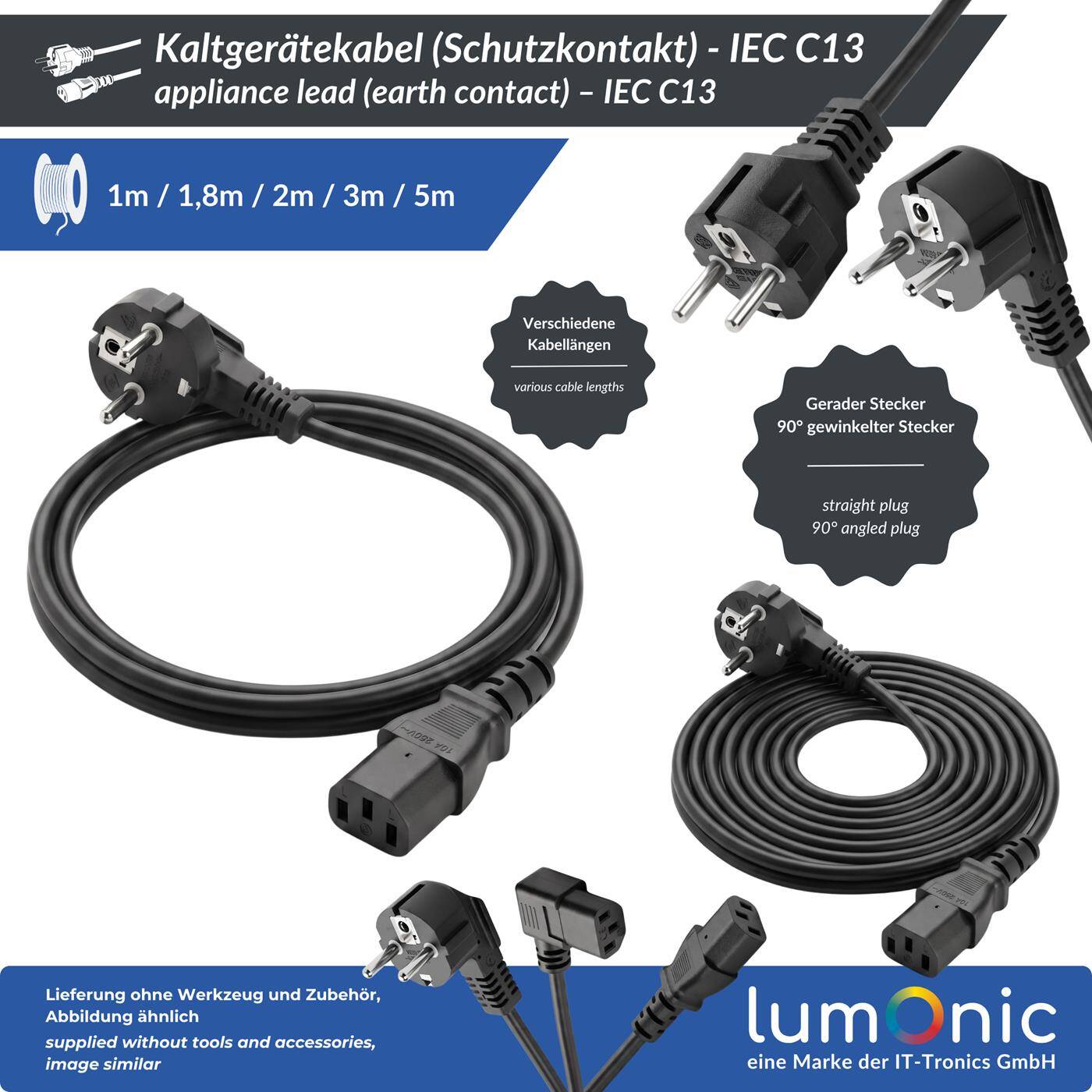 Lumonic Kaltgerätekabel Schuko 90° auf C13 90° Gewinkelt, Schwarz 2 m, 230 V - Beidseitig gewinkelte Stecker, für Racks und Verteilerschränke, flache Kabelführung, Knickschutz an beiden Enden