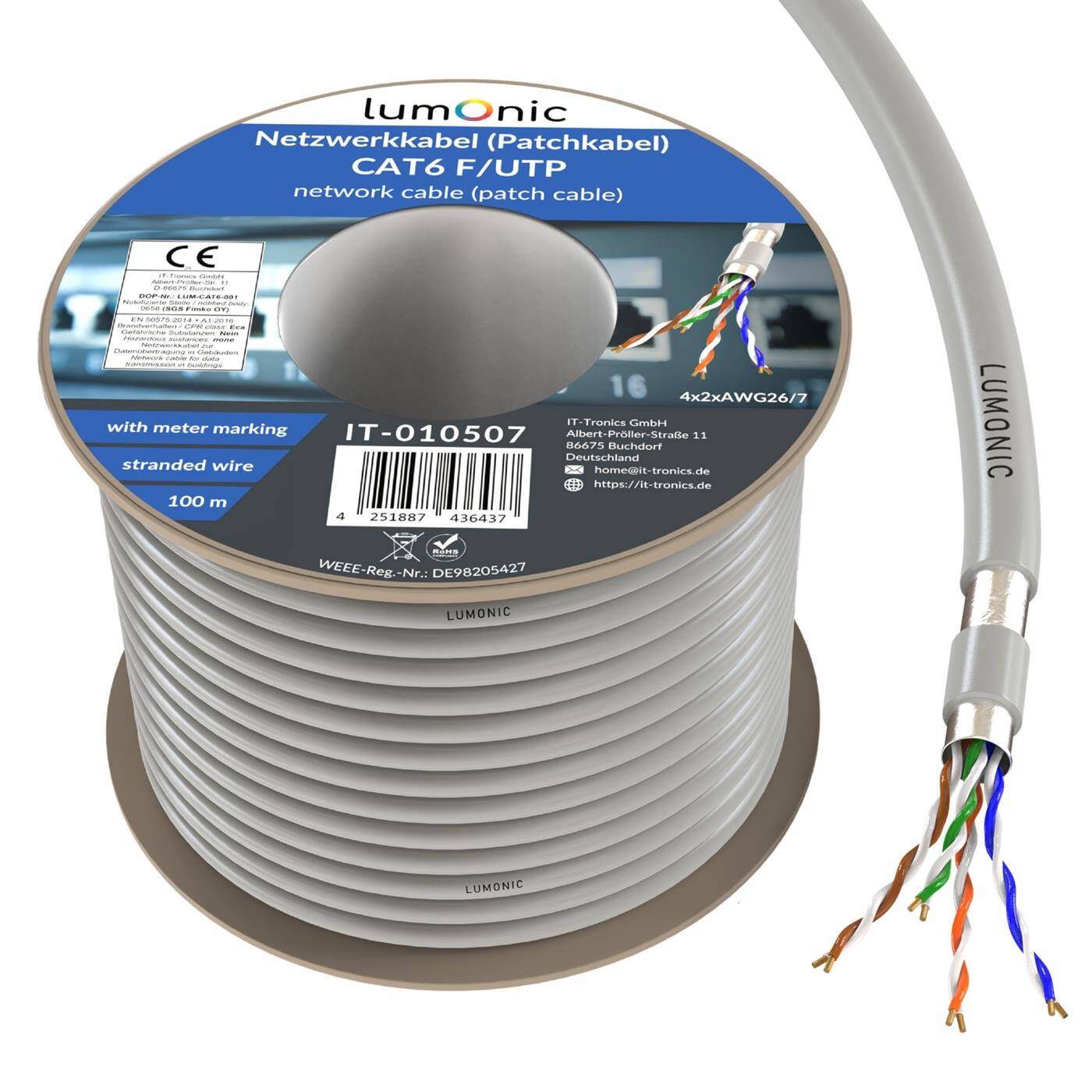 Lumonic LAN Netzwerkkabel 100m | LAN Kabel CAT6 F/UTP | Patchkabel  4x 2x AWG26/7 (verseilt) | 250MHz 10 Gbit/s Ethernet