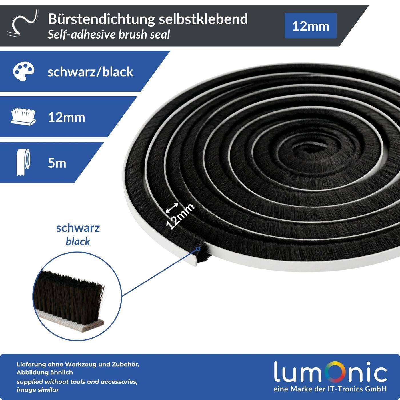 5m Brush seal black 12mm Self-adhesive + Can be cut to size Draught excluder Cold protection Insect screen for windows Doors Cupboard