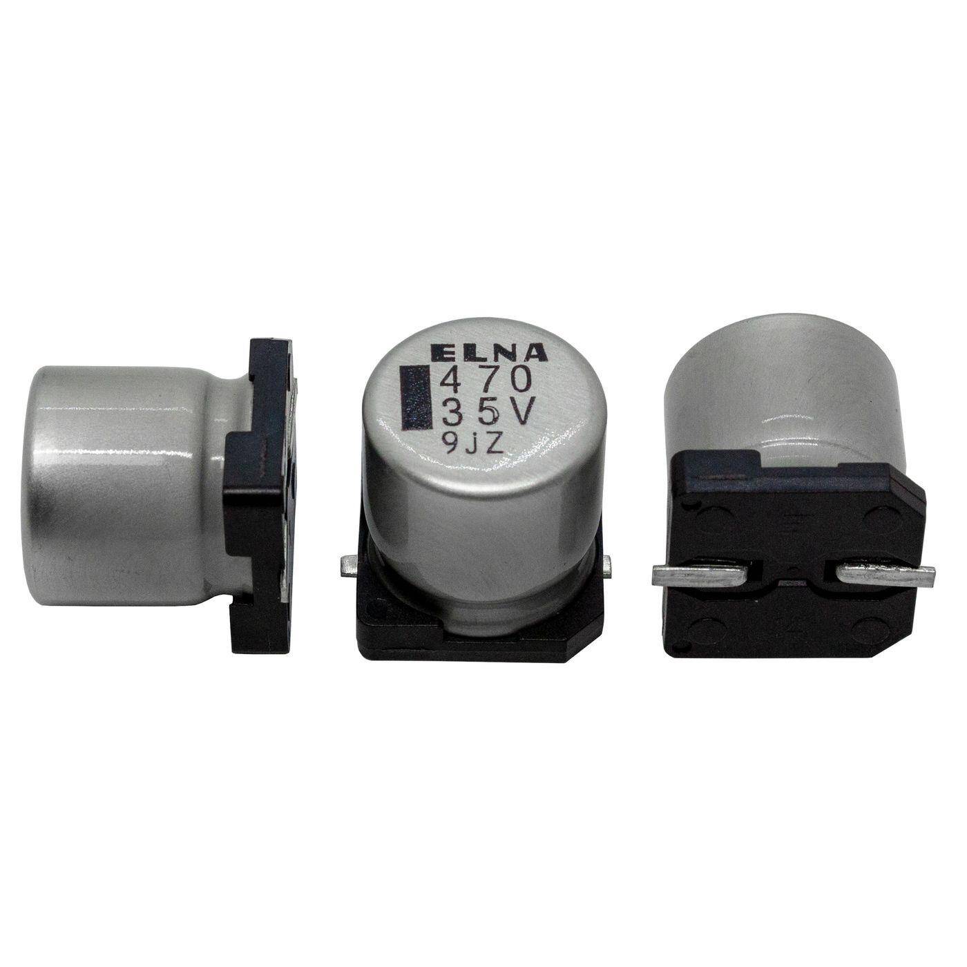 SMD Elko Kondensator 470µF 35V | Elektrolytkondensator bis zu einer Temperatur von 105°C | 12,5x13,5mm | 470uF RVZ-35V471MIEY1T-R5 Elna