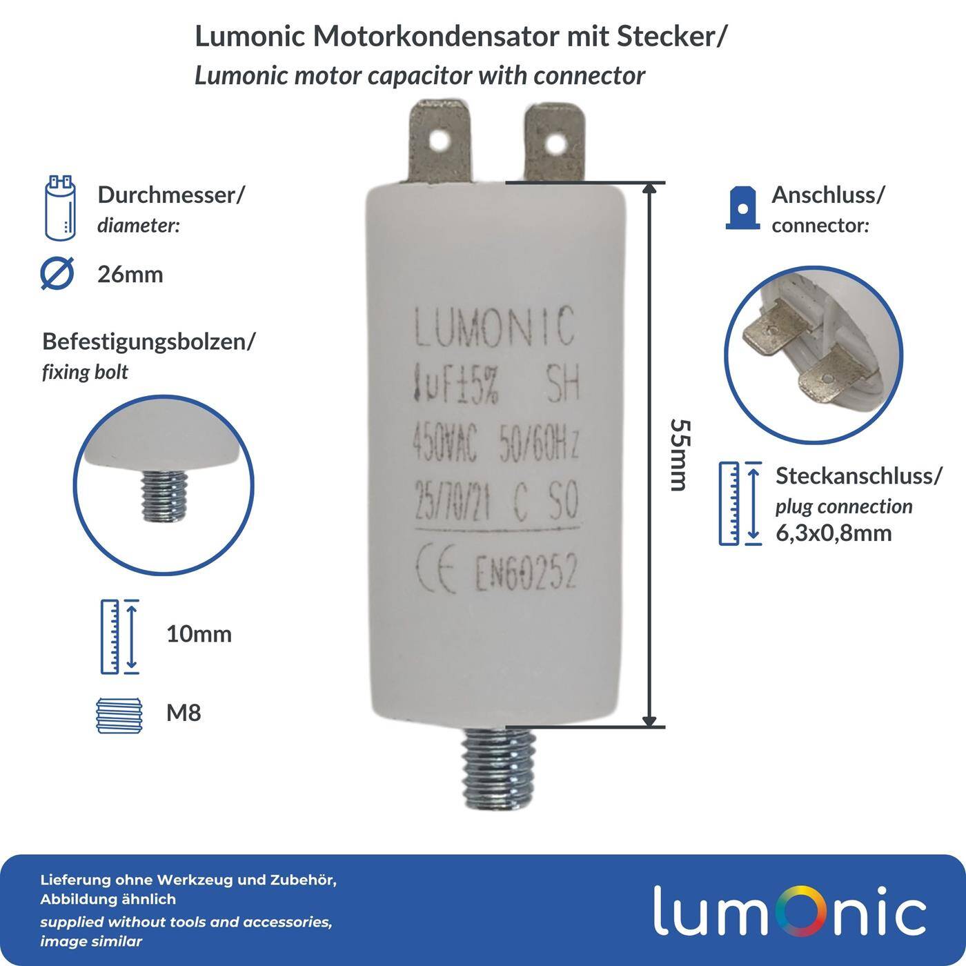 Lumonic Anlaufkondensator 1µF 450V | mit Stecker I 26x55mm I 1uF I Motorkondensator mit Kunststoffgehäuse I Betriebskondensator I für Pumpen, Rasenmäher, Werkzeuge