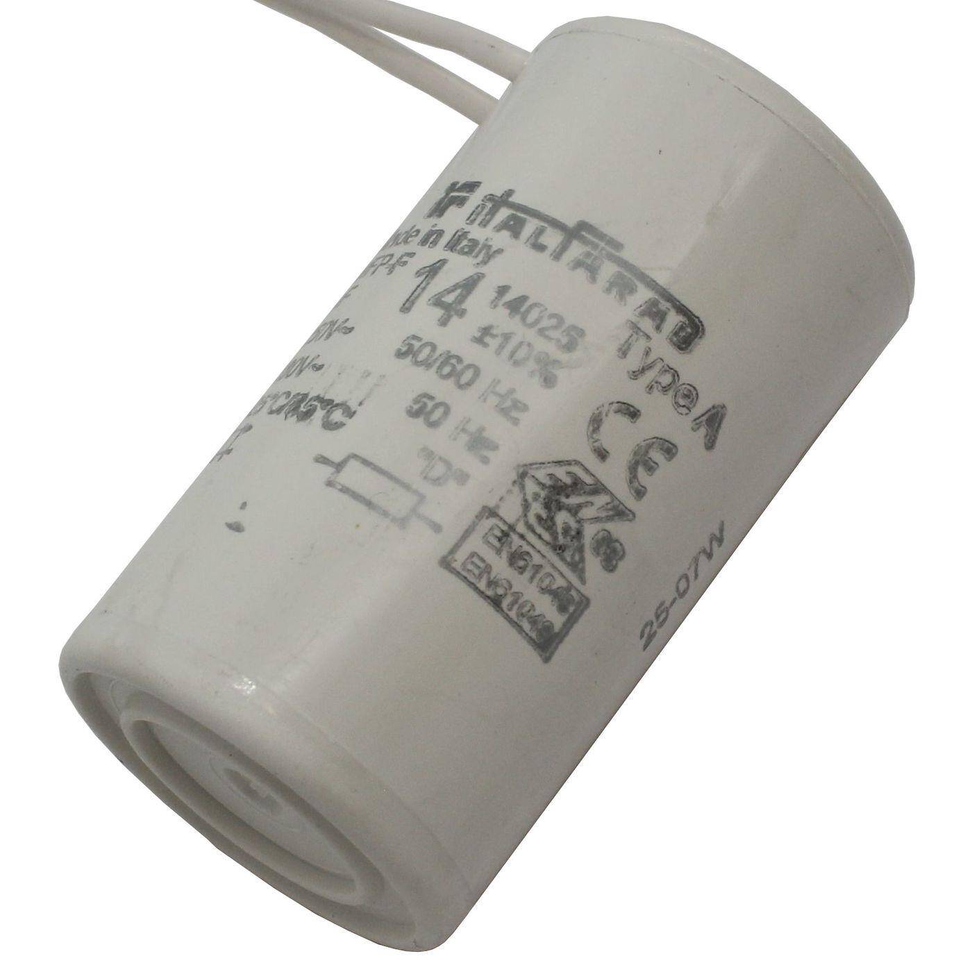 Kondensator 14µF 250V 36x67mm Kabel 25cm Italfarad 14uF