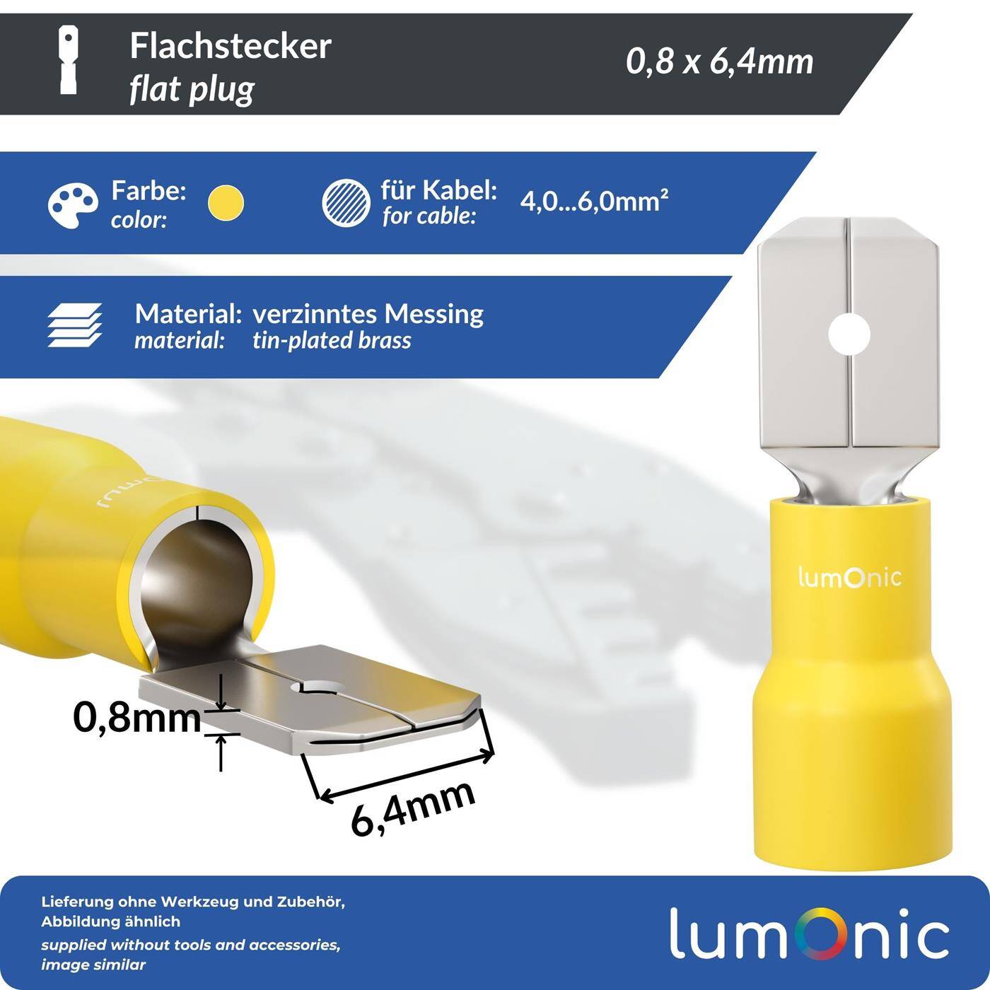 Lumonic 25x Flat plug 0,5-1,5mm²  | for blade receptacle 0,8 x 6,4mm | Partially insulated | Cable connector without soldering | Tin-plated brass | Automotive, mechanical engineering