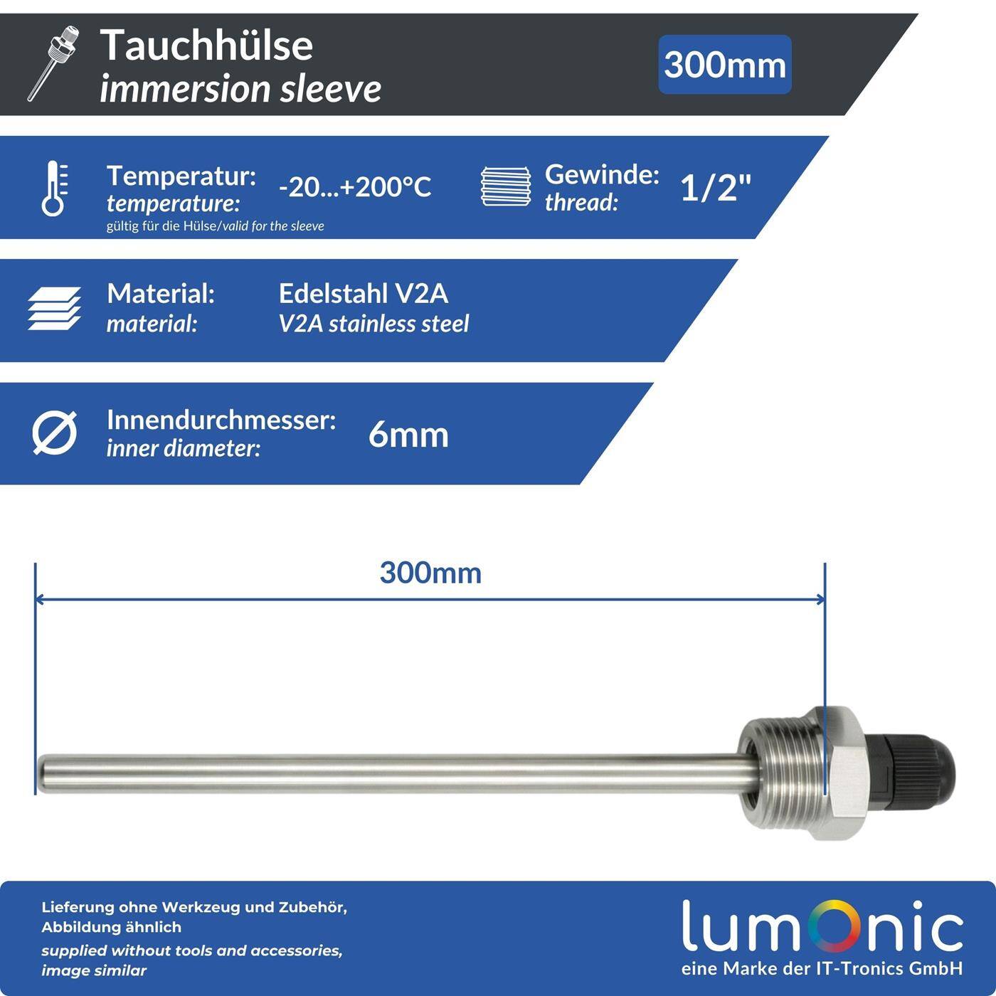 2x immersion sleeve V2A stainless steel 1/2 inch 300mm for 6mm temperature sensor for solar heating buffer tank + Smart Home