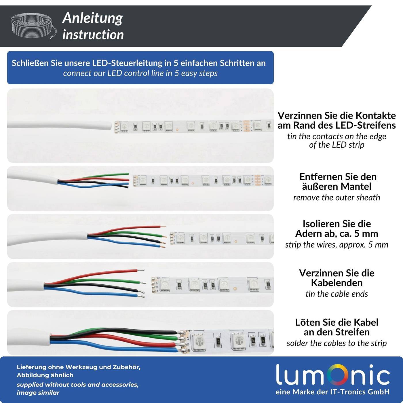Lumonic 4x0,34mm² RGBW LED Steuerleitung  1m | ummanteltes 5 adriges Kabel flexibel | LiYY Verlängerung, Stromkabel, LED Zuleitung, Steuerkabel