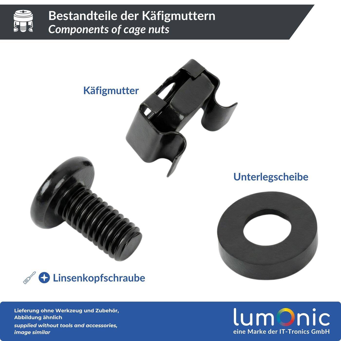 Lumonic Käfigmuttern M6 | 20 Stück Komplett-Set Schwarz | Rack Schrauben mit Kratzschutz-Scheibe | für 19 Zoll & 10 Zoll Netzwerkschrank Patchpanel Serverschrank