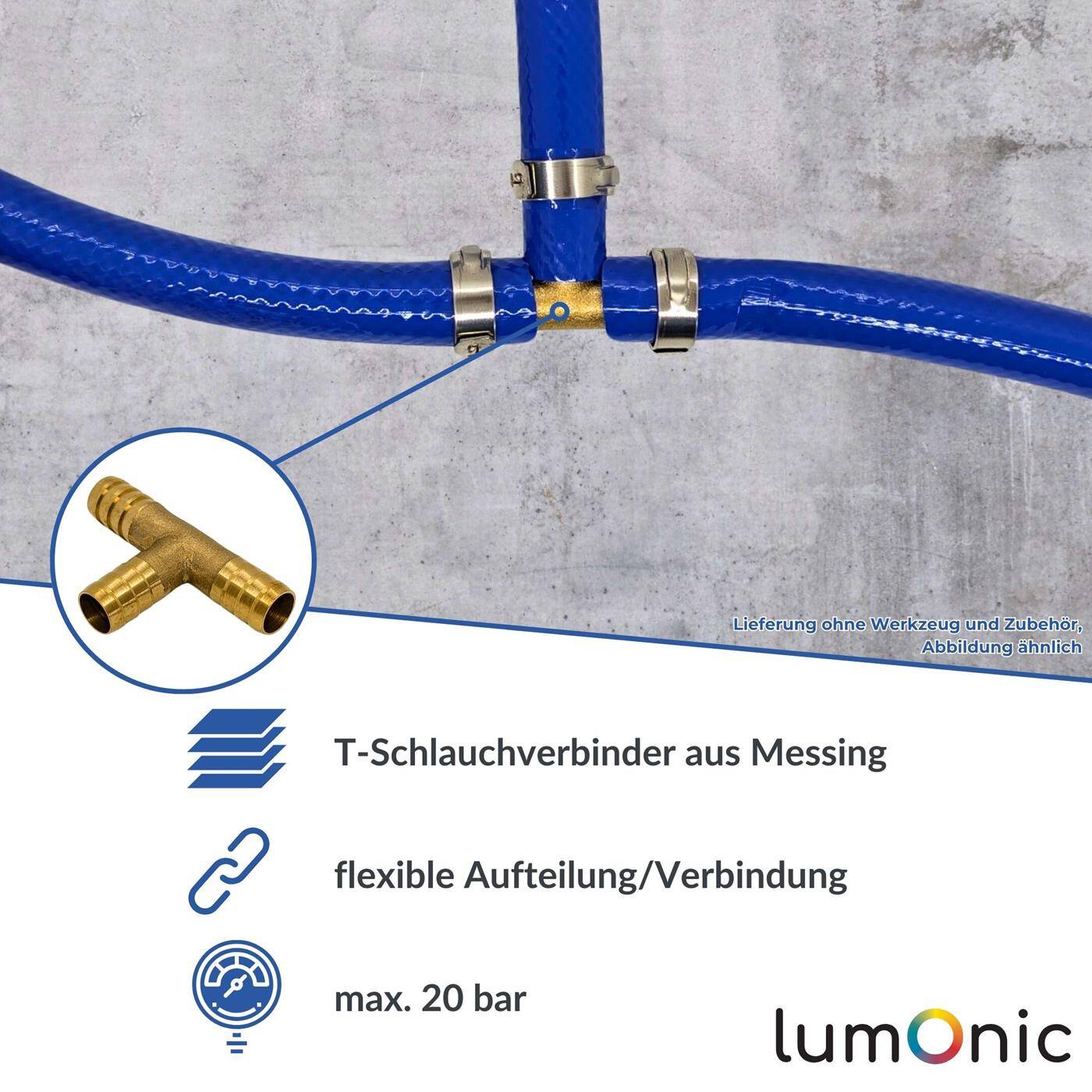 Lumonic I T-hose connector I for 6mm (1/4") hose I made of brass I T-connector I T-piece I with spike profile I Compressed air I for workshops, businesses and DIY enthusiasts