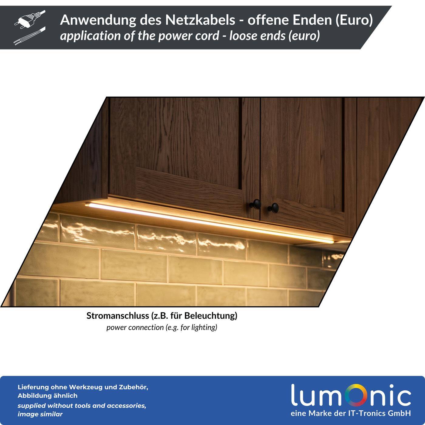 Lumonic Euro-Netzkabel mit Offenen Enden, Verzinnt, Schwarz 1 m, 230 V - Verzinnte anschlussfertige Enden, Reparatur von Leuchten und Deko, Knickschutz am Stecker, Eurostecker für jede Steckdose