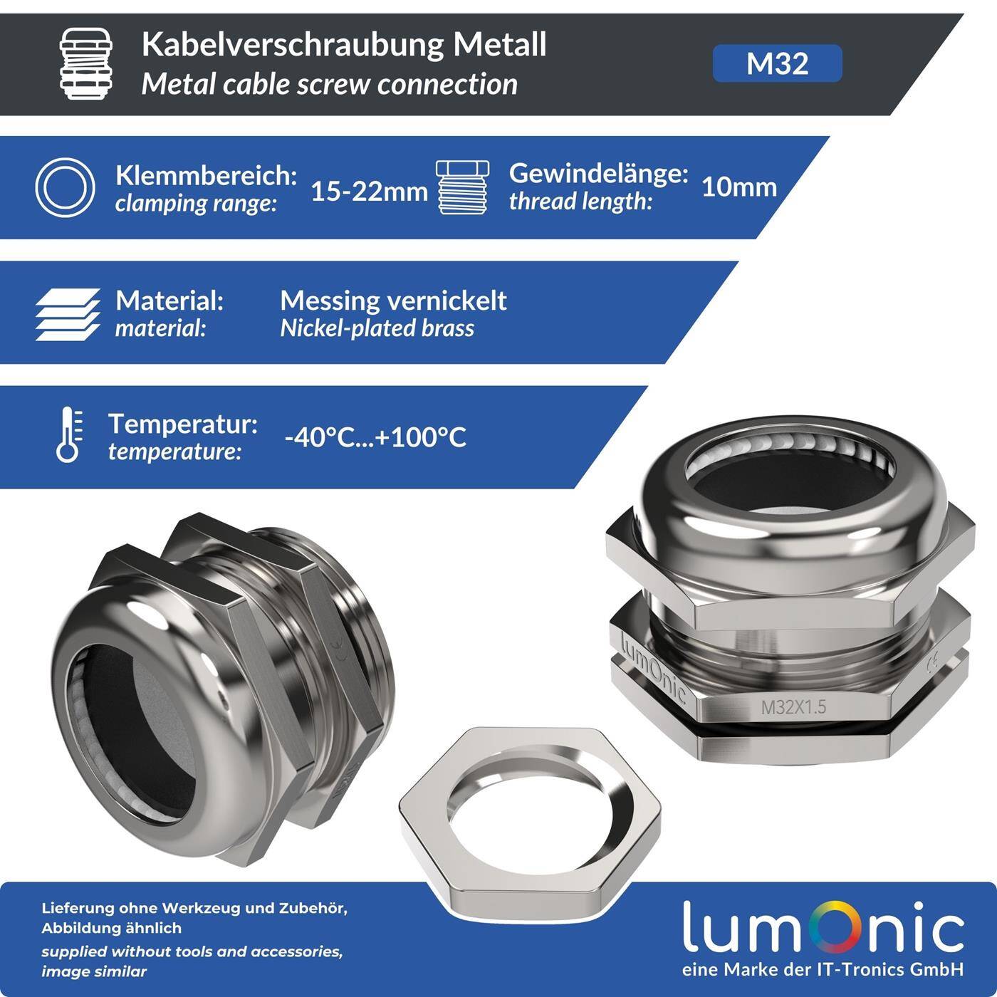 Lumonic Metal cable gland M32 | Clamping range 15-22mm | IP68 | with locknut | Nickel-plated brass, EMC | -40...+100°C | corresponds to PG21