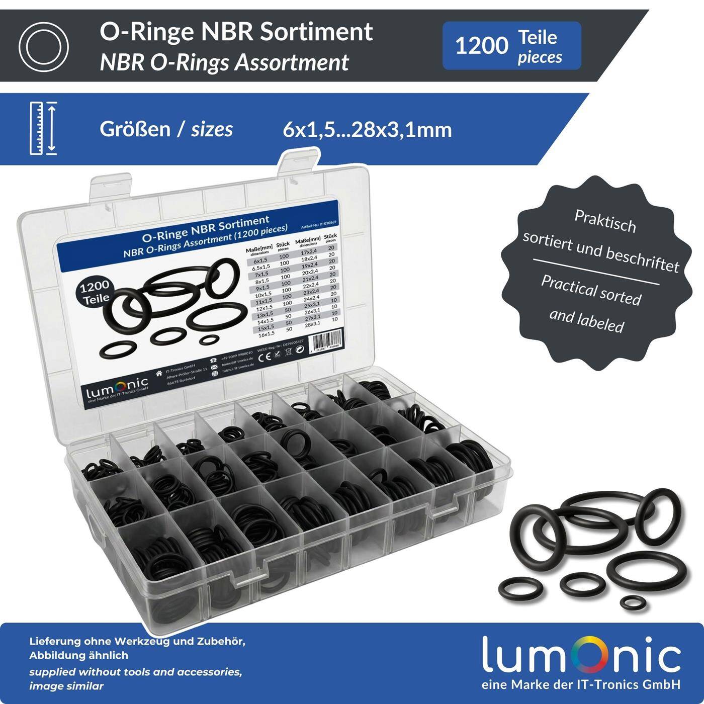 Lumonic O-ring range NBR | 1200 parts, 24 common sizes (6-28mm) | -40°C to +120°C | Nitrile sealing rings set | in practical assortment box