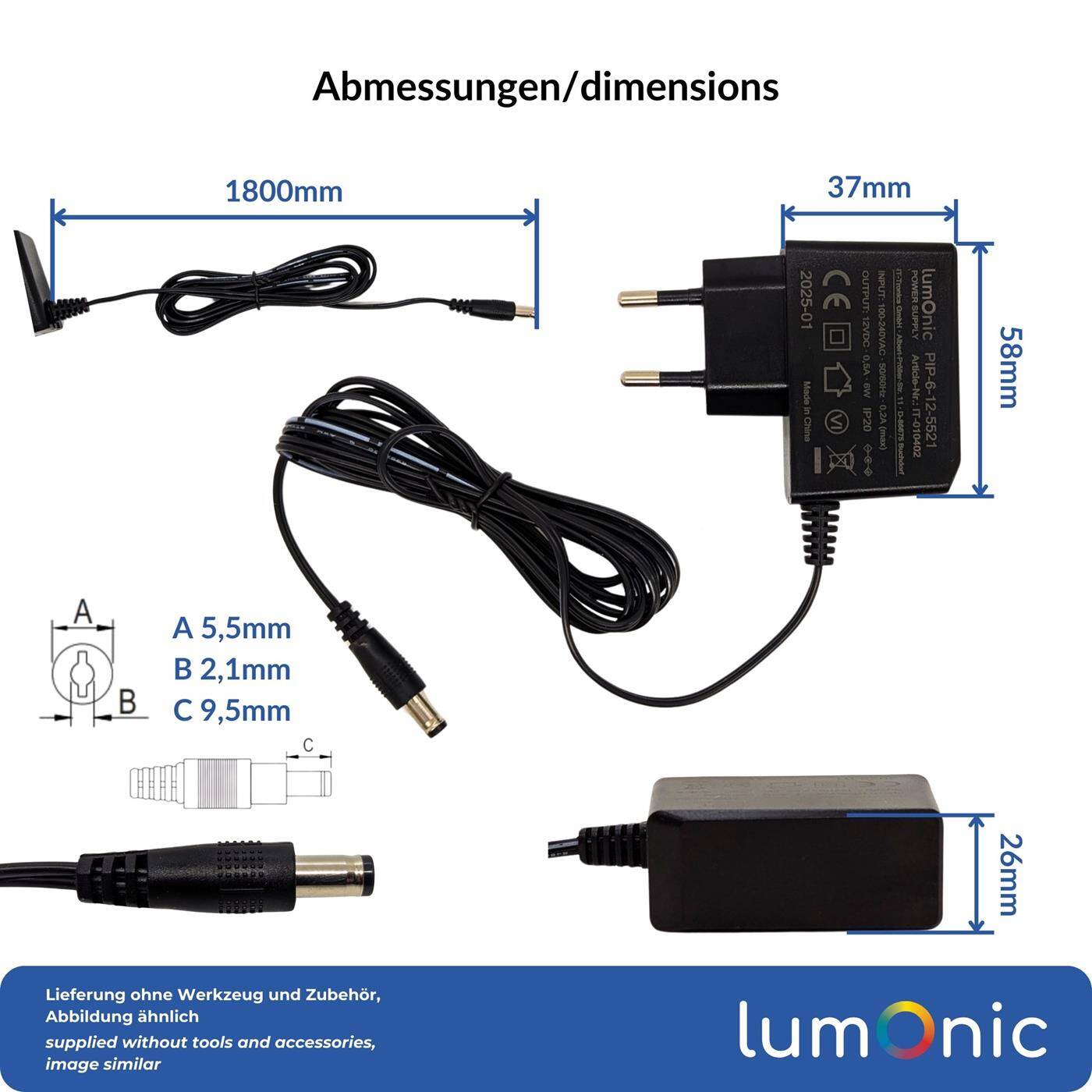 Lumonic I LED plug-in power supply PIP-6-12 I 12V 6W I Input 100-240VAC I Extra long cable with hollow plug 5,5/2,1 I Overload protection I universeller EU-Netzadapter I for LED strips