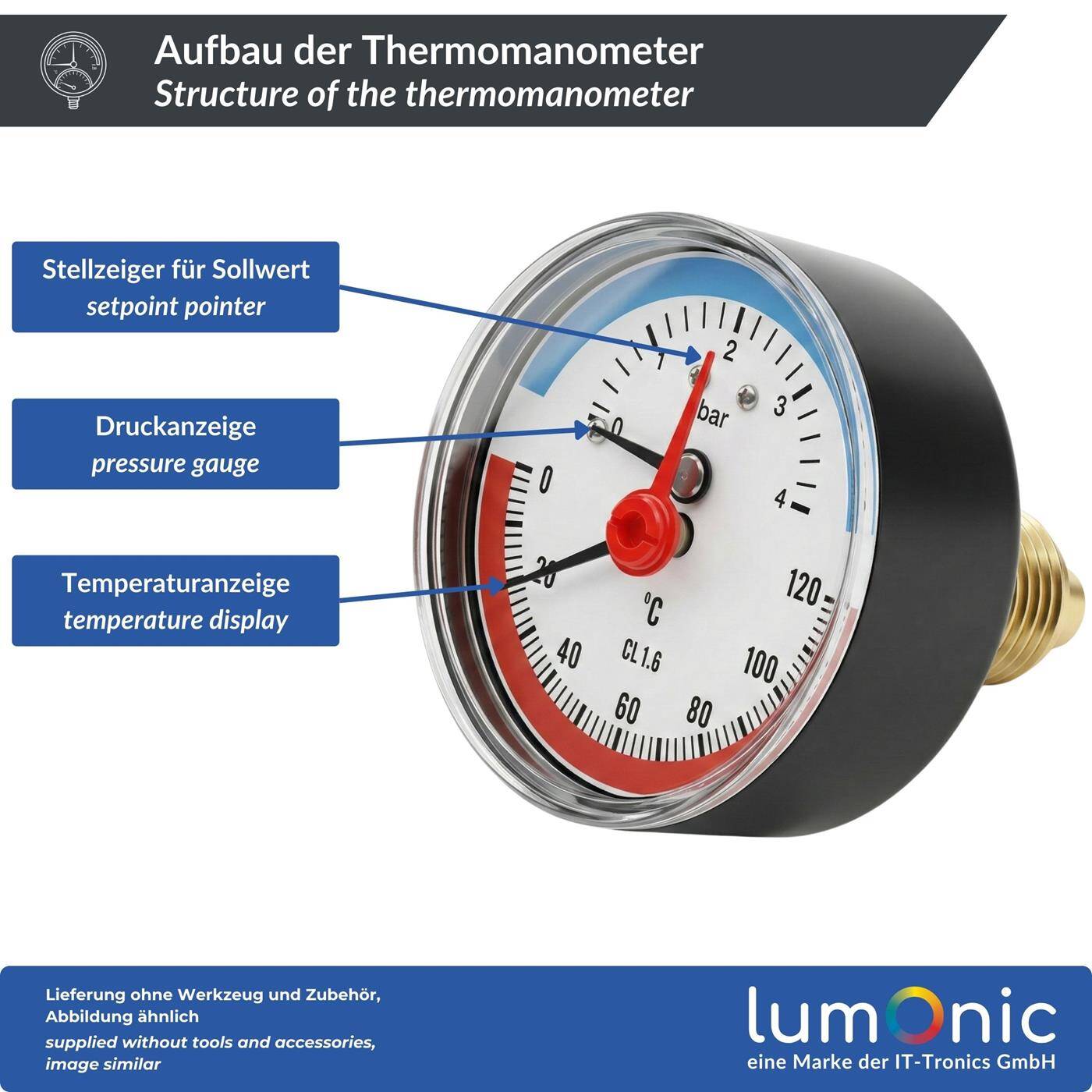 Lumonic Thermomanometer 4bar 0-120°C | 1/4 + 1/2 inch (adapter) | Rear connection | Ø 63mm, large scale | Heating pressure gauge | Metal housing