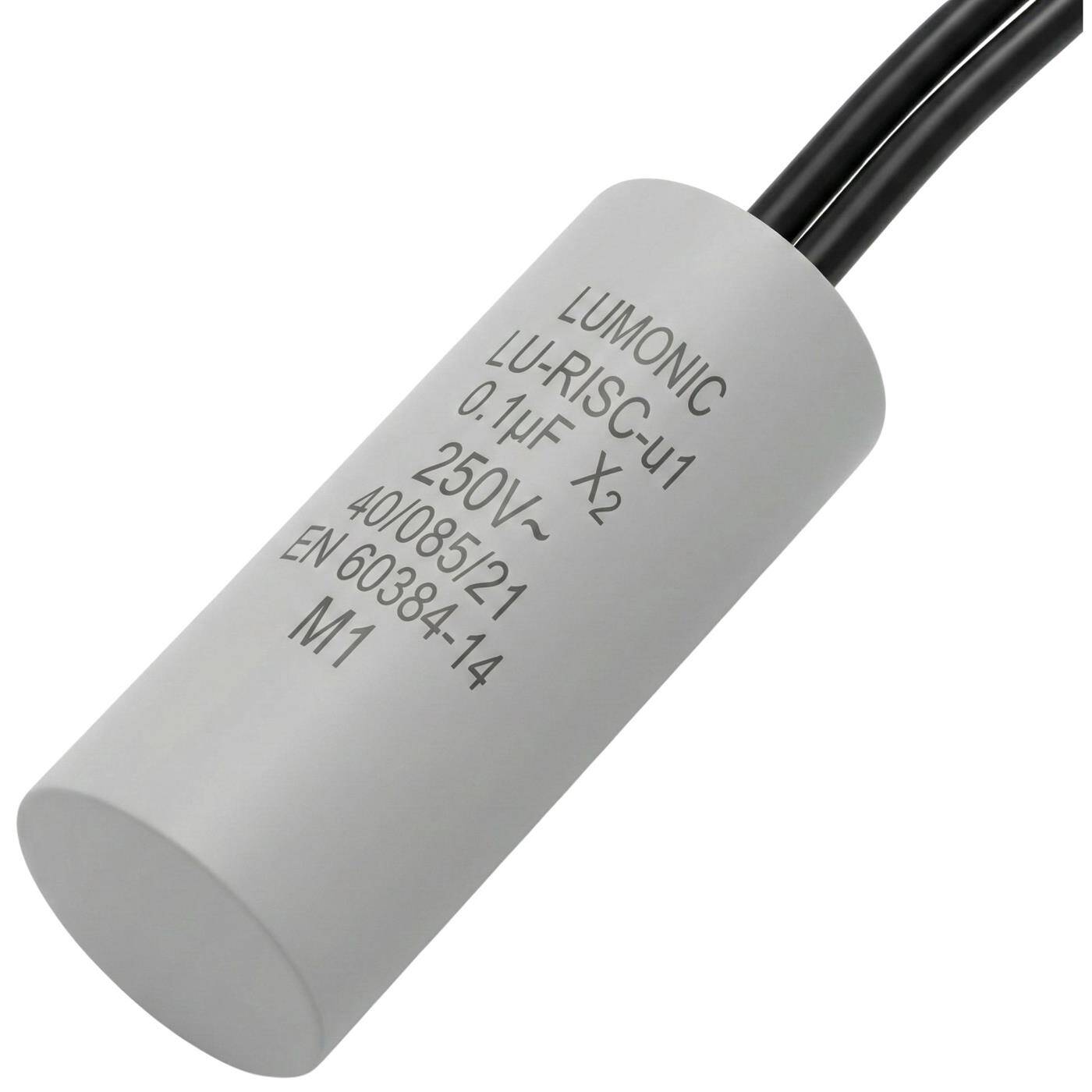 Lumonic I Interference suppression capacitor 0,1µF 250VAC I 15x35mm I -40 ...+85°C I 2 connection cables I  I 0,1uF I EMC capacitor I for household appliances, power tools, building technology, industrial applications, LED