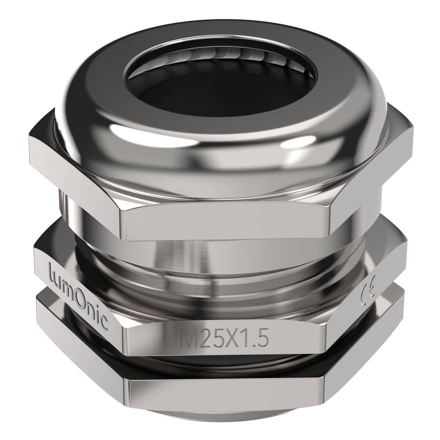 Kabelverschraubung Metall M25, Klemmbereich 10-14mm, IP68, mit Gegenmutter, Messing vernickelt, EMV, -40…+100°C, entspricht PG16